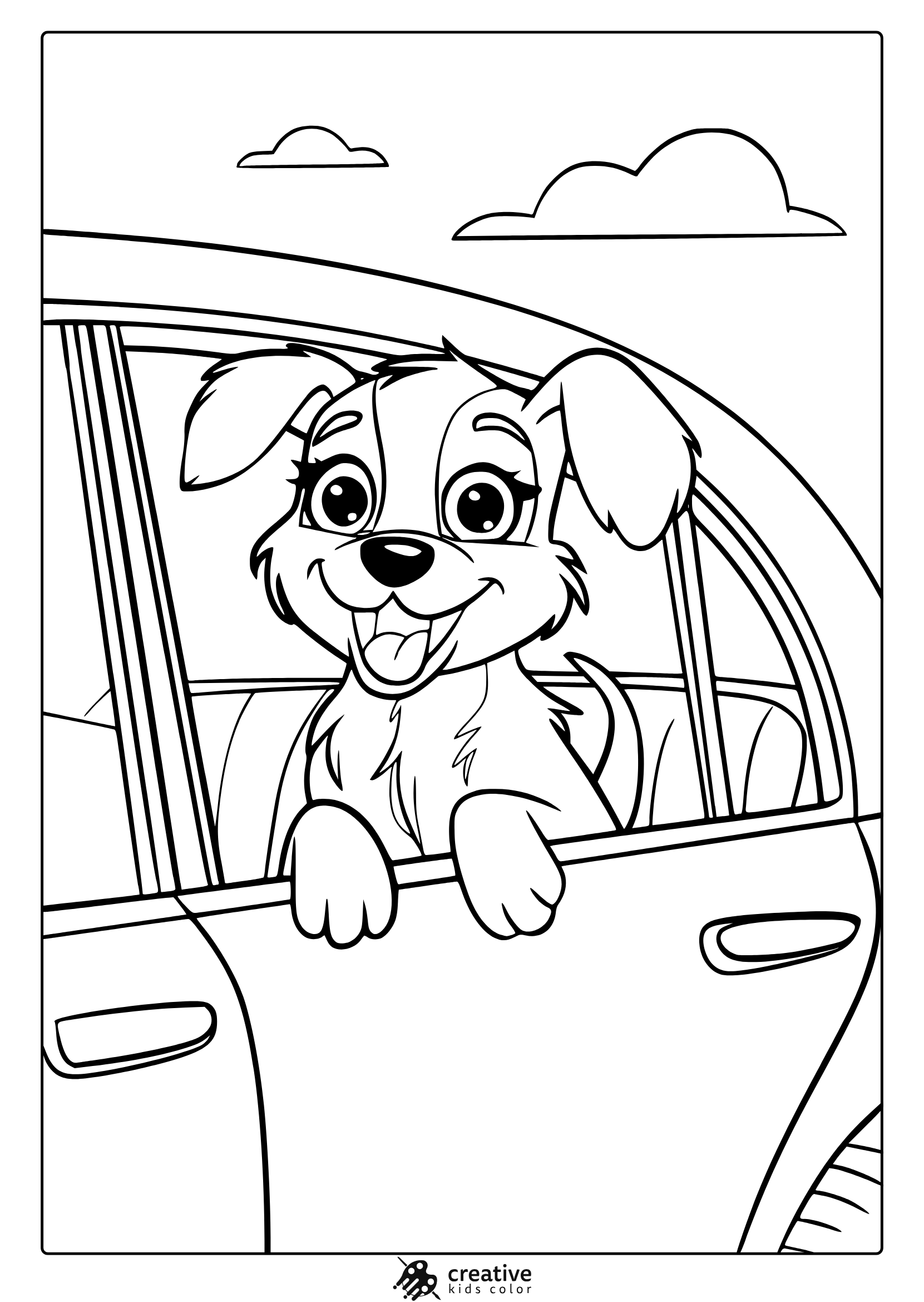A Puppy Looking Out Of A Car Window. A Fun Road Trip-Themed Puppy Coloring Page For Kids And Adults.