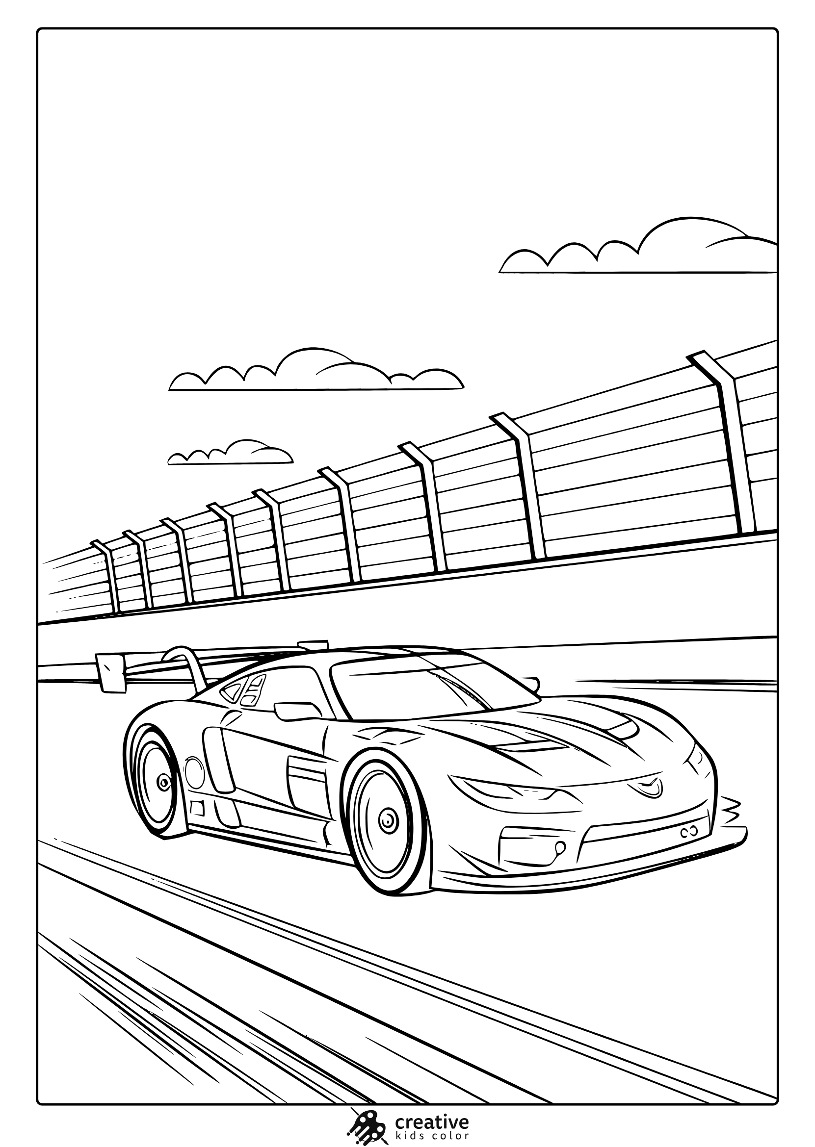 A Modern Race Car With A Spoiler And Alloy Wheels On A Racetrack, A Thrilling Race Car Coloring Page.