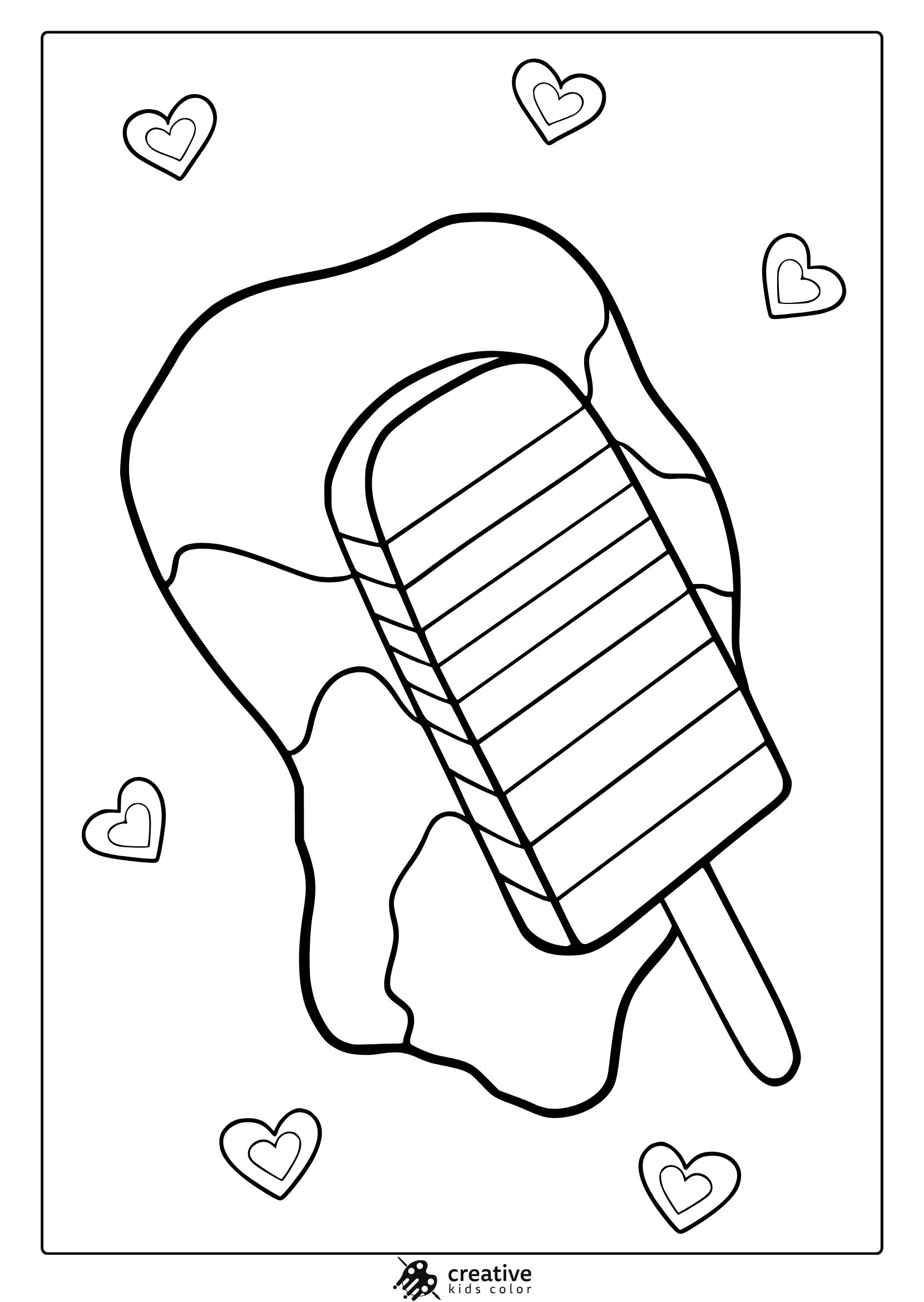 Rainbow Ice Cream Coloring Page With Melting Popsicle And Floating Hearts.