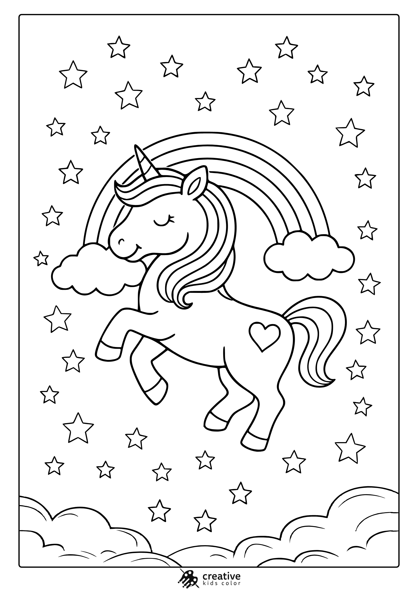 Rainbow Unicorn Leaping With Heart Symbol Under Stars And Clouds In A Magical Coloring Page.