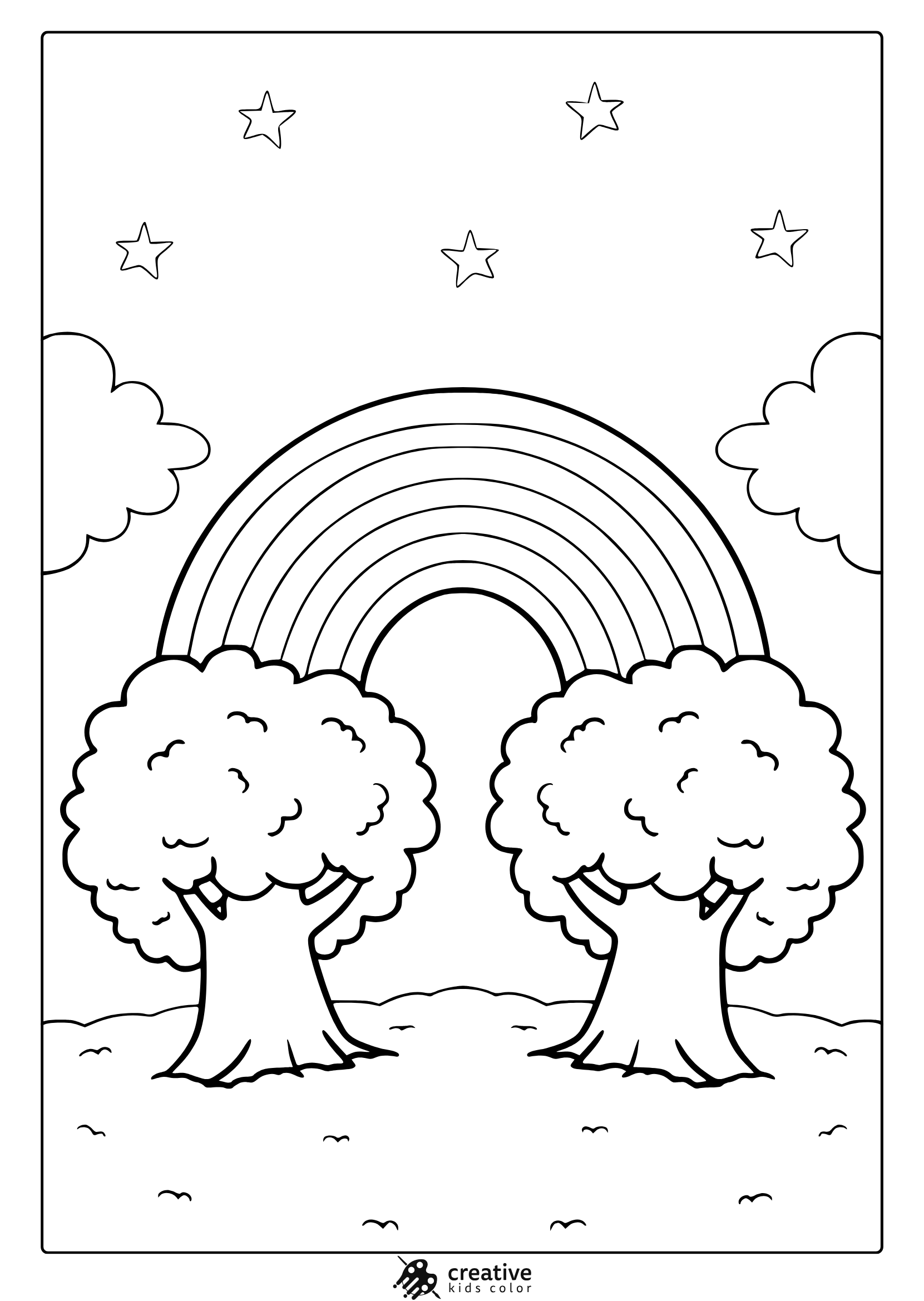 Rainbow Coloring Page With Trees, Clouds, And Stars In A Peaceful Landscape.