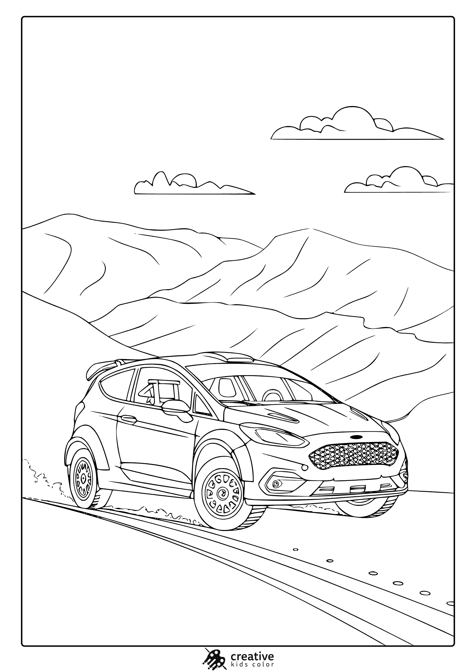 A Rally Car Driving On A Mountain Road, A High-Energy Rally Car Coloring Page.