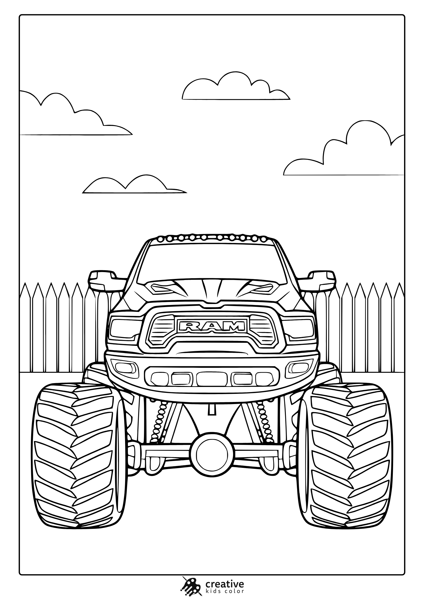Ram Monster Truck With Rugged Wheels Parked Outdoors, Strong And Powerful Design On A Coloring Page.