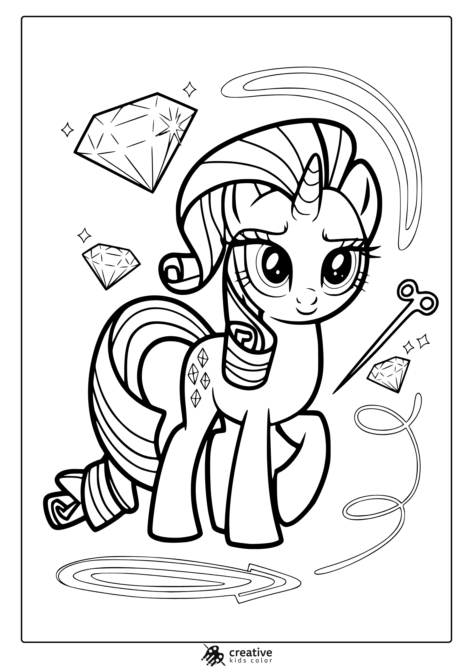 Rarity Coloring Page With Diamonds, A Horn, And A Gradient Mane.