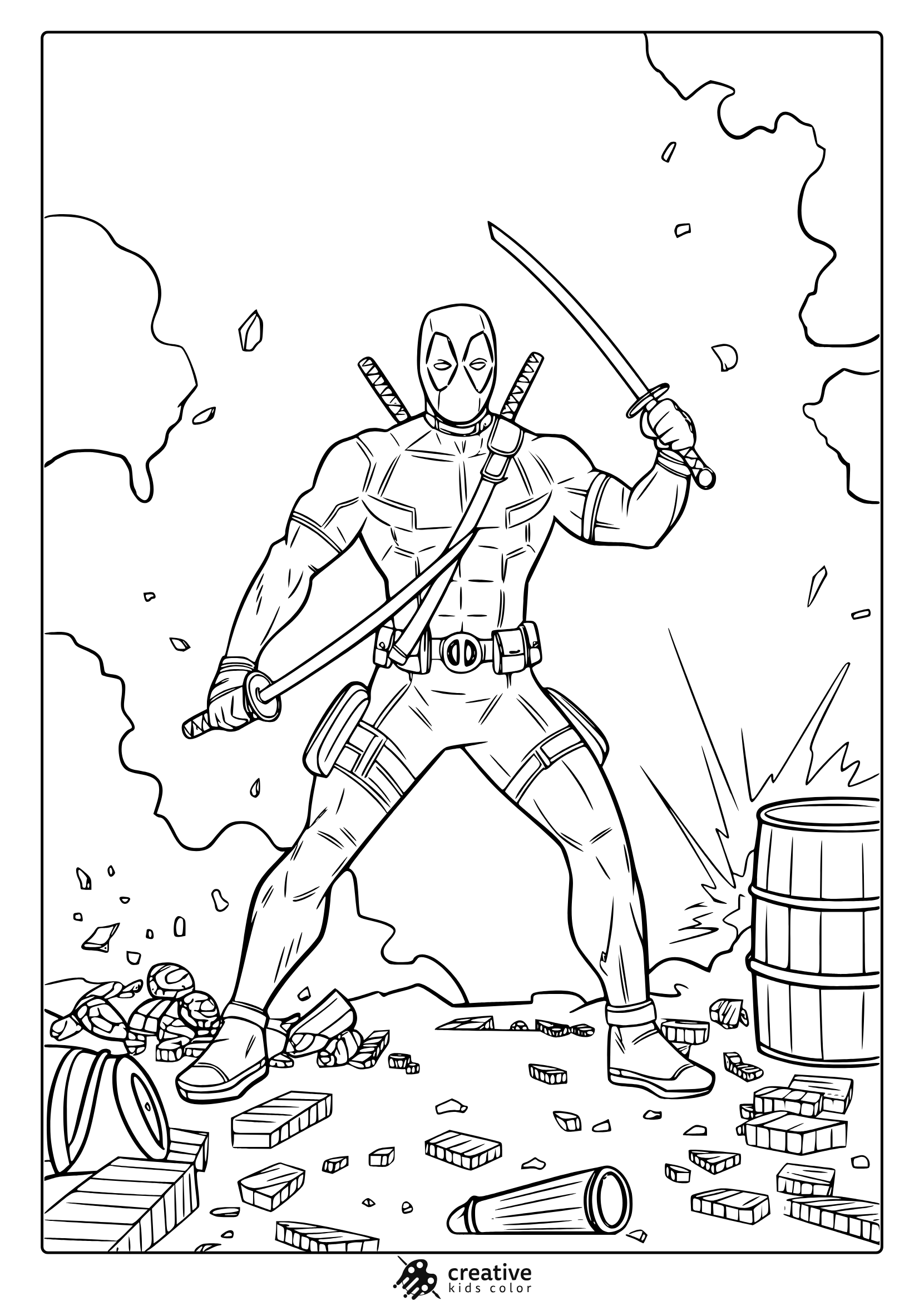 Realistic Deadpool Coloring Page Showing The Superhero In An Action-Packed Setting With Swords, Ideal For Detailed Coloring.
