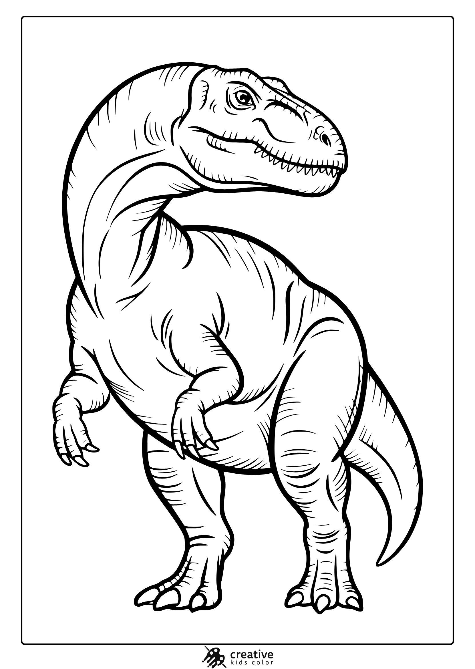 A Realistic T-Rex With Muscular Detail Stands In This Educational-Style Dinosaur Coloring Page For Coloring.