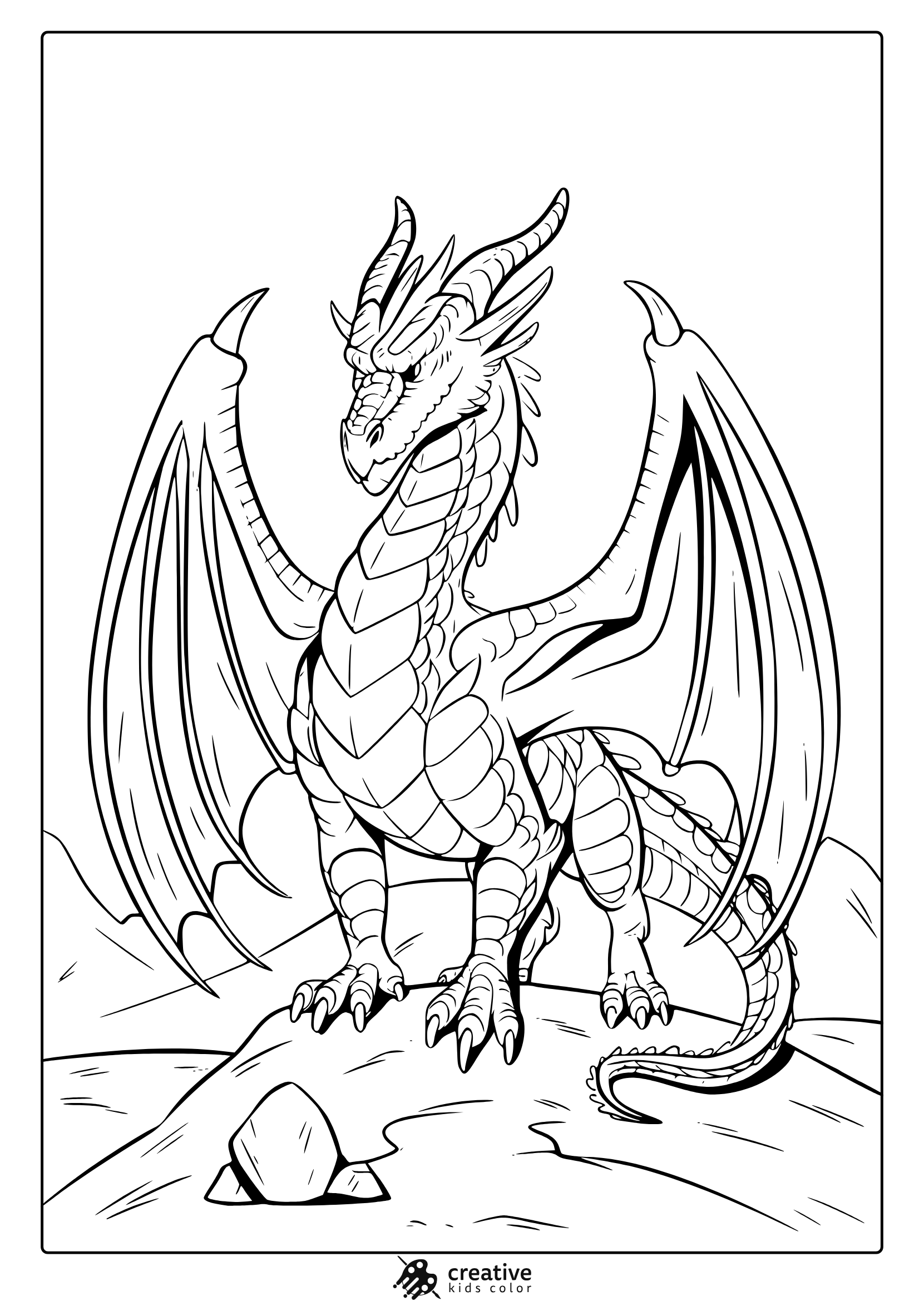 A Realistic Dragon Coloring Page With A Detailed Dragon Resting On Rocks, Showcasing Intricate Scales And Sharp Horns.