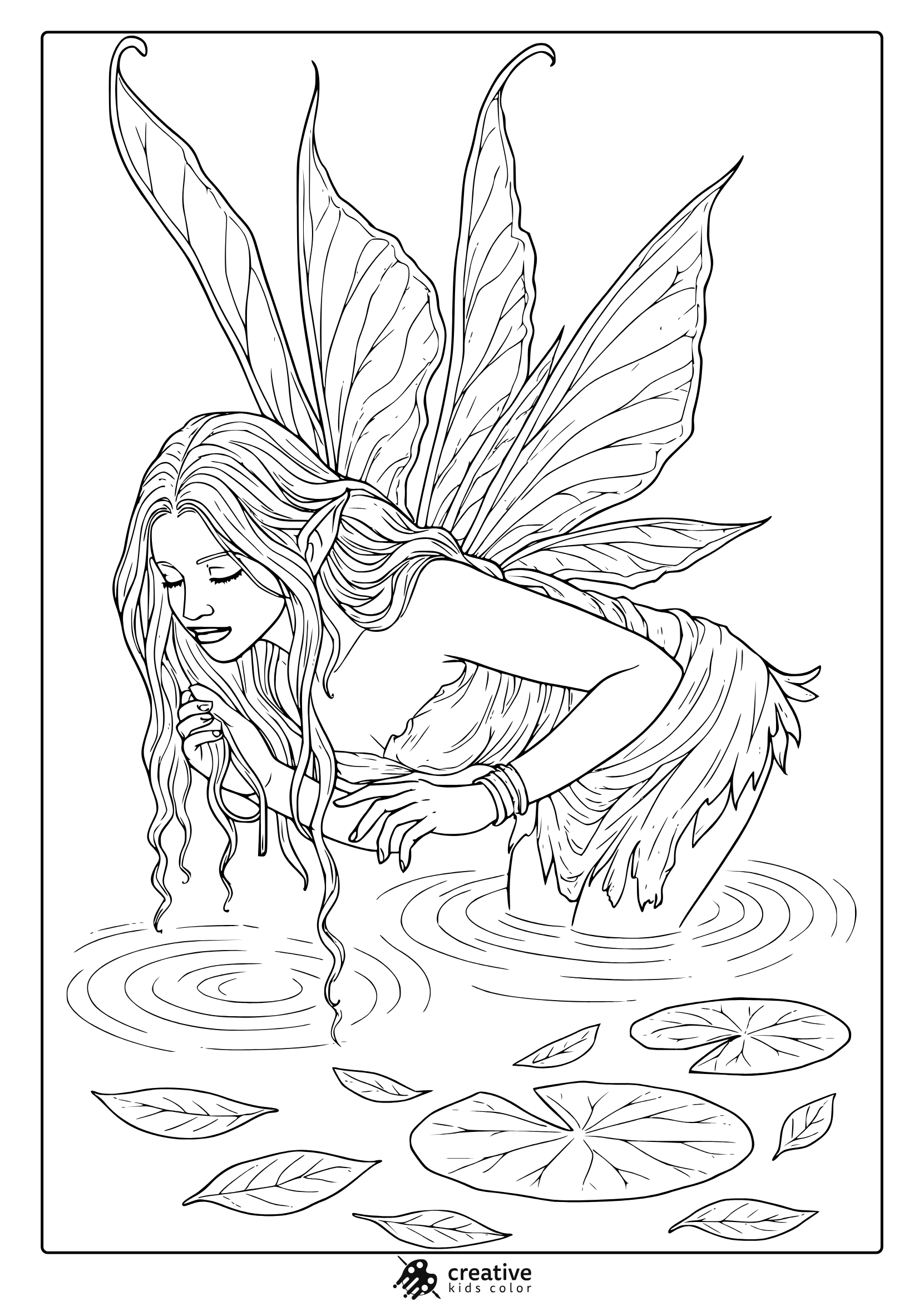Realistic Fairy Coloring Page Bending Over Water With Detailed Wings And Dress.