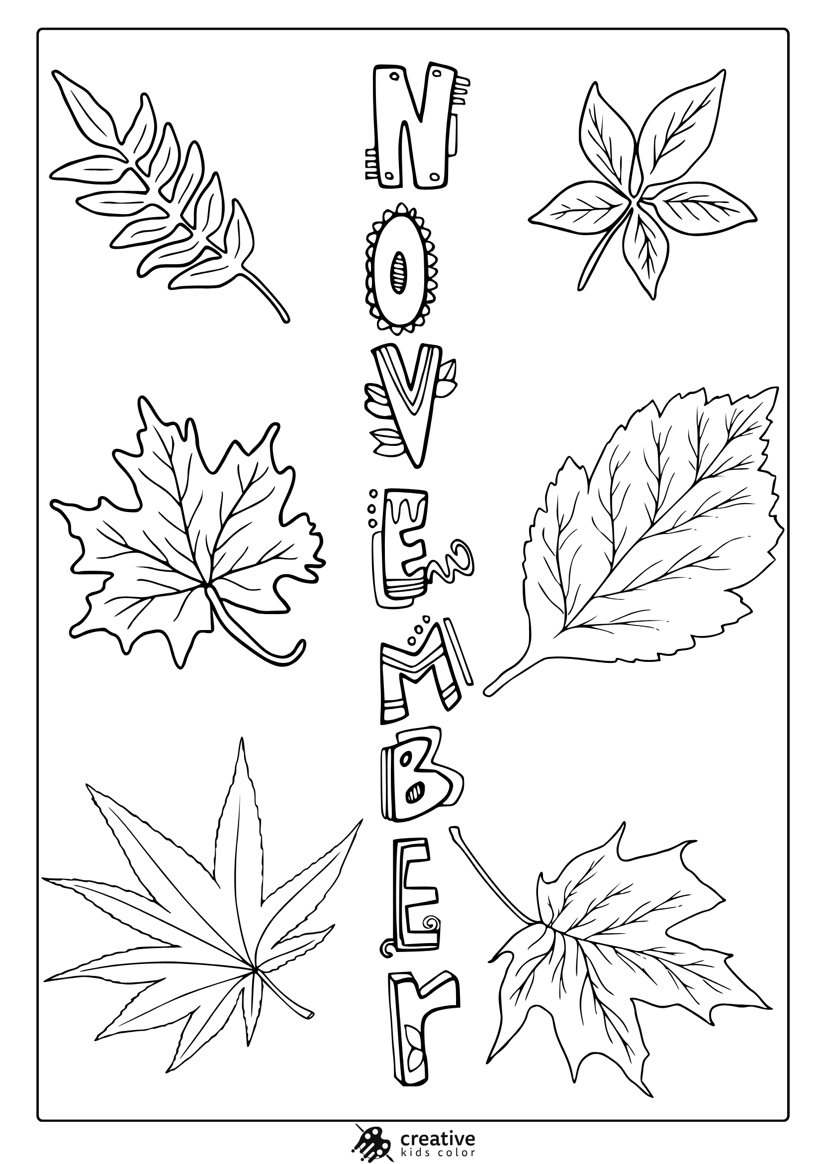 Realistic November Leaves Coloring Page With Fern, Maple, And Cannabis-Style Leaves Around Vertical Text.