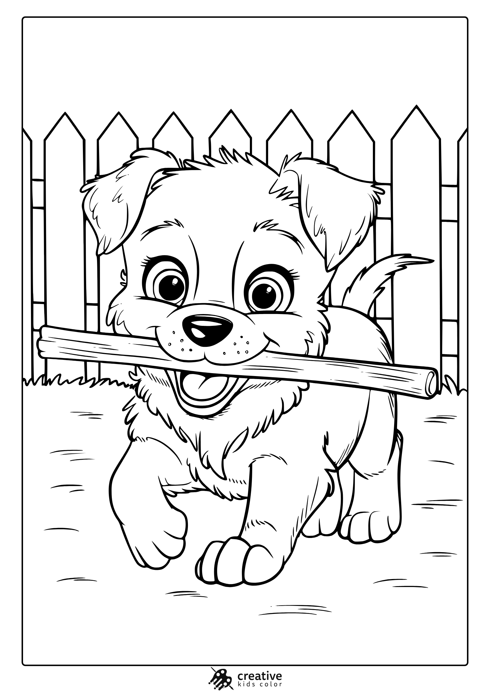 A Realistic Puppy With A Stick Near A Wooden Fence. A Detailed And Engaging Puppy Coloring Page For All Ages.