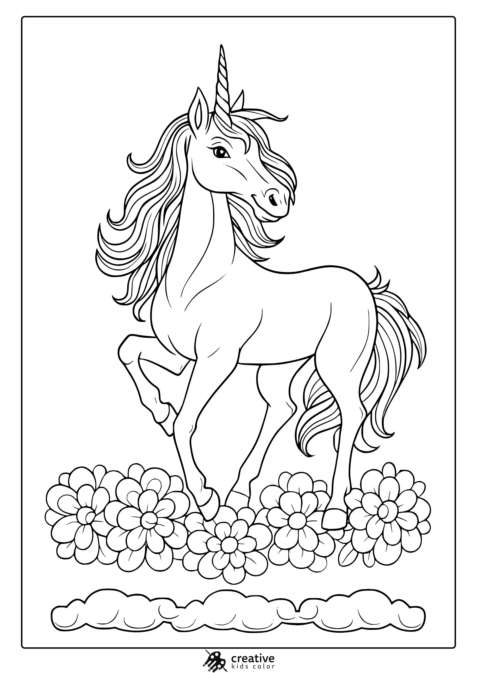 Realistic Unicorn With Spiral Horn And Flowers In A Beautifully Detailed Coloring Page.