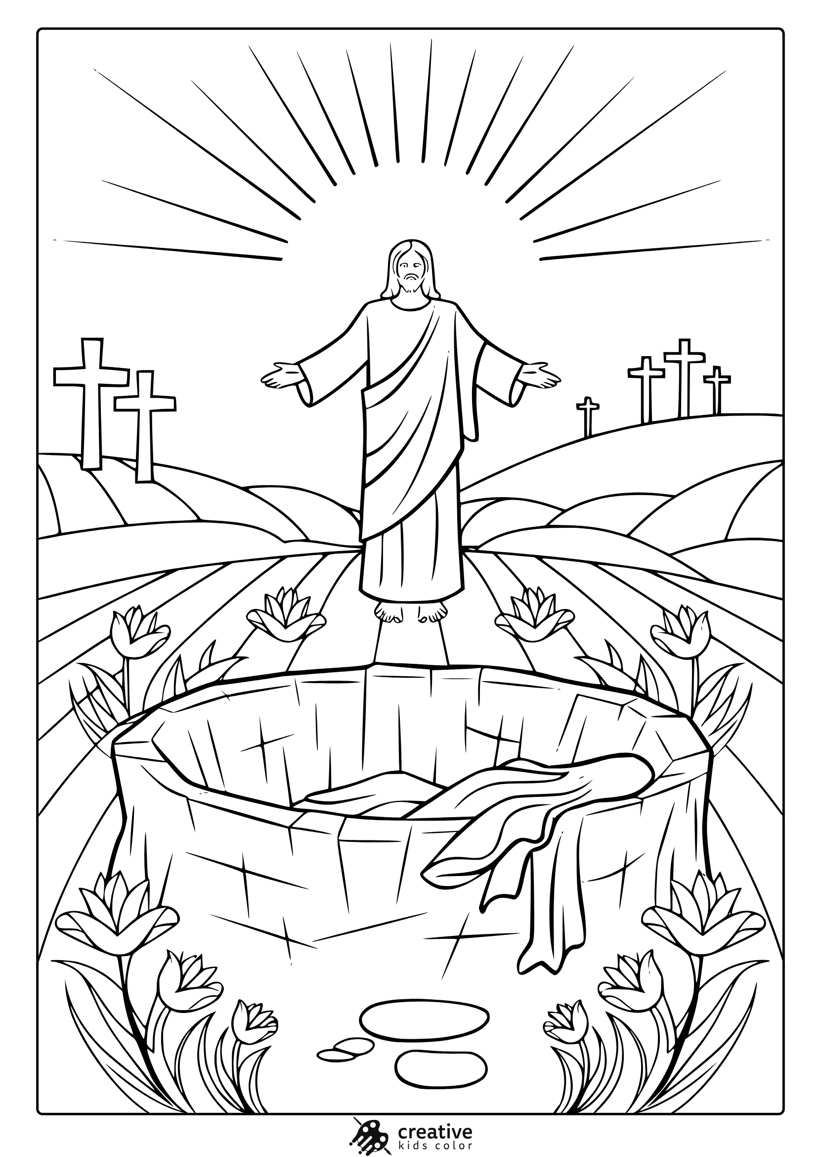 A Religious Easter Coloring Page Illustrating Jesus, A Stone Tomb, And A Hill With Three Crosses, Symbolizing The Resurrection.