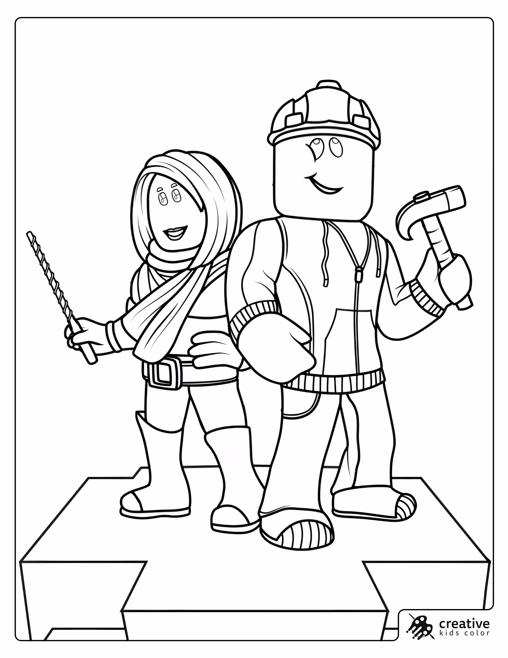 Roblox Builder Skin Characters Coloring Page Featuring Two Builder Characters Standing On A Platform, One Holding A Hammer And One Holding A Tool.