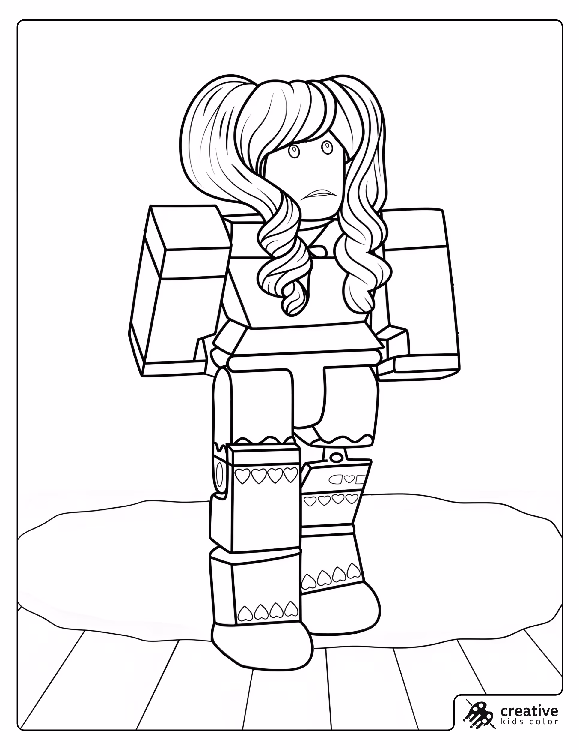 Roblox Avatar Girl Coloring Page Blocky character with long curly hair standing on a carpet like shape.