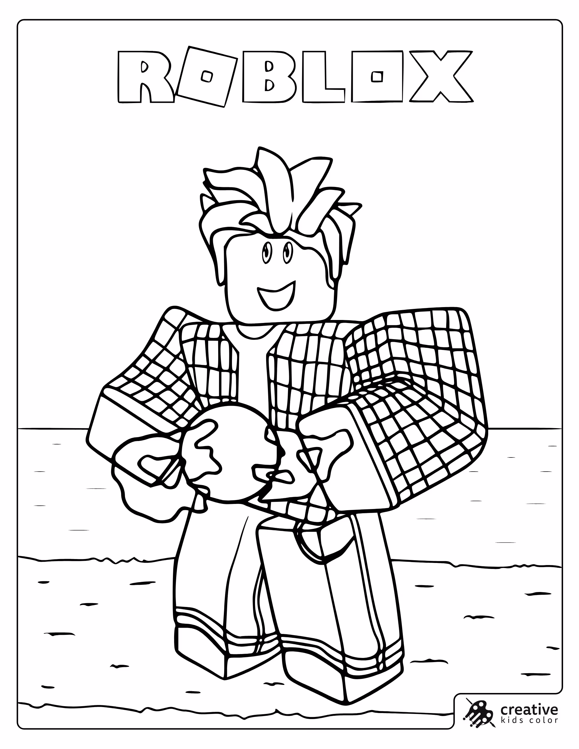 Roblox Guy Coloring Page Shows A Smiling Blue Character Standing On Water Holding A Round Ball.