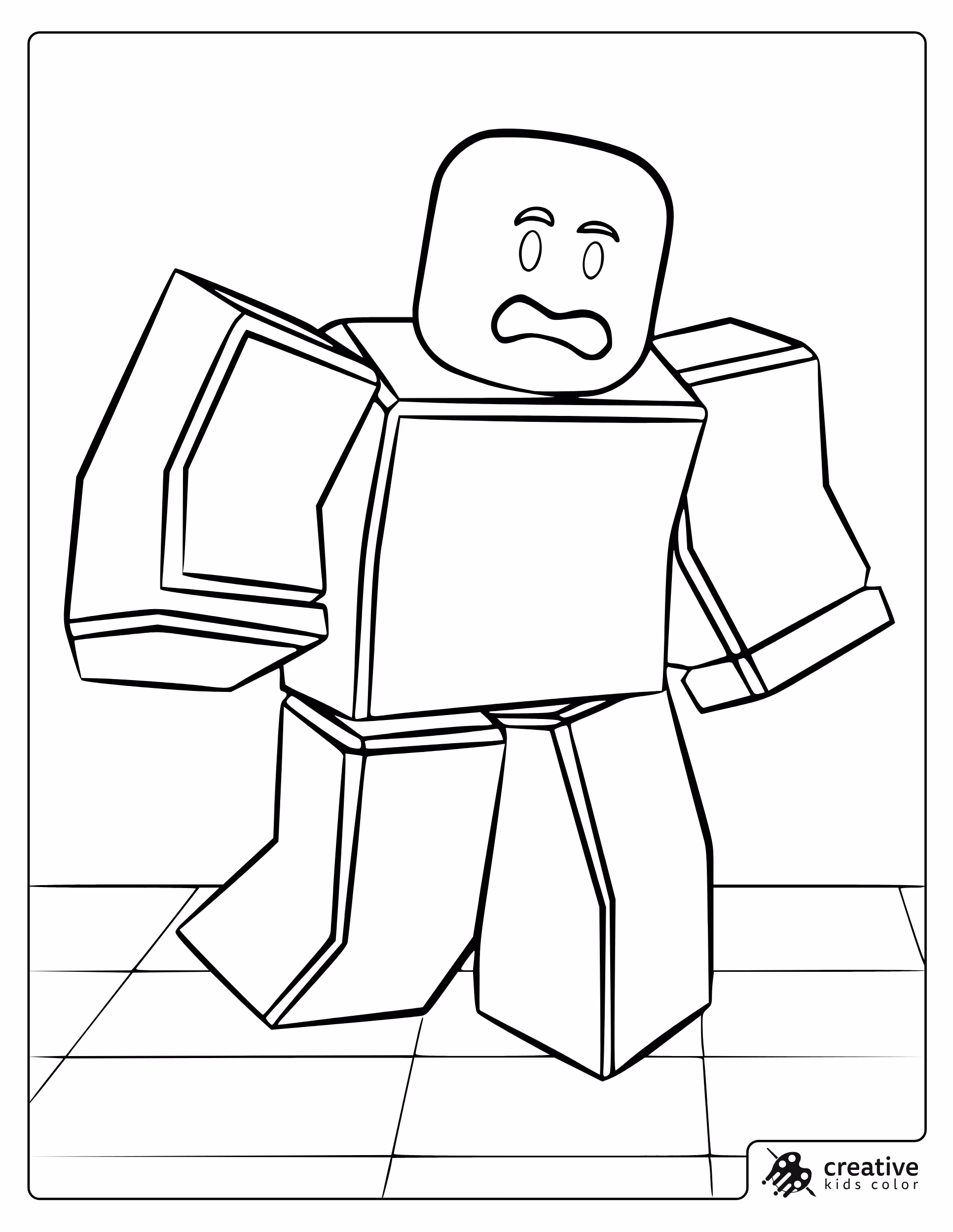 Roblox Noob Coloring Page With Block Character Walking Forward With A Sad Face On A Tiled Floor.