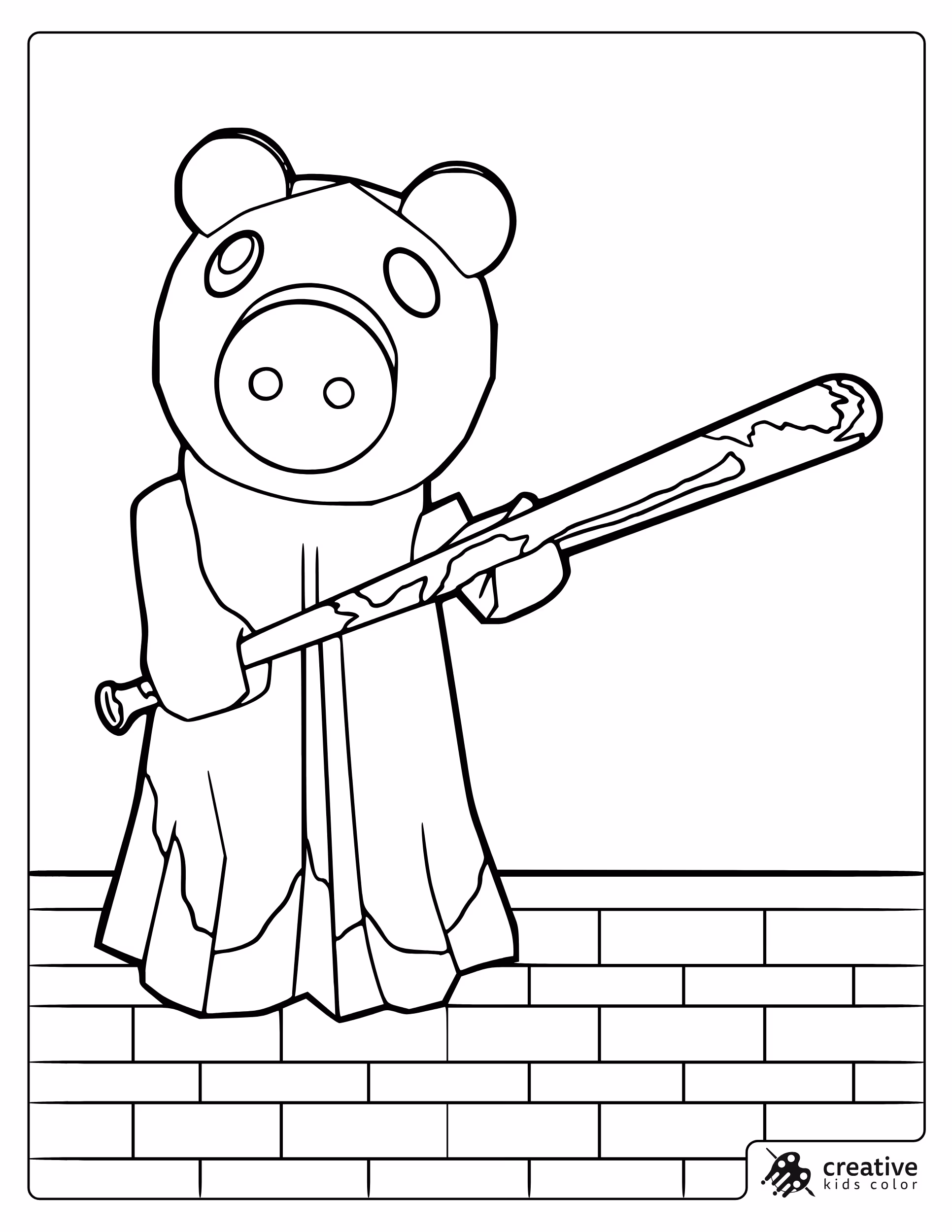 Roblox Piggy Coloring Page Shows The Character Piggy Holding A Rock Wall.
