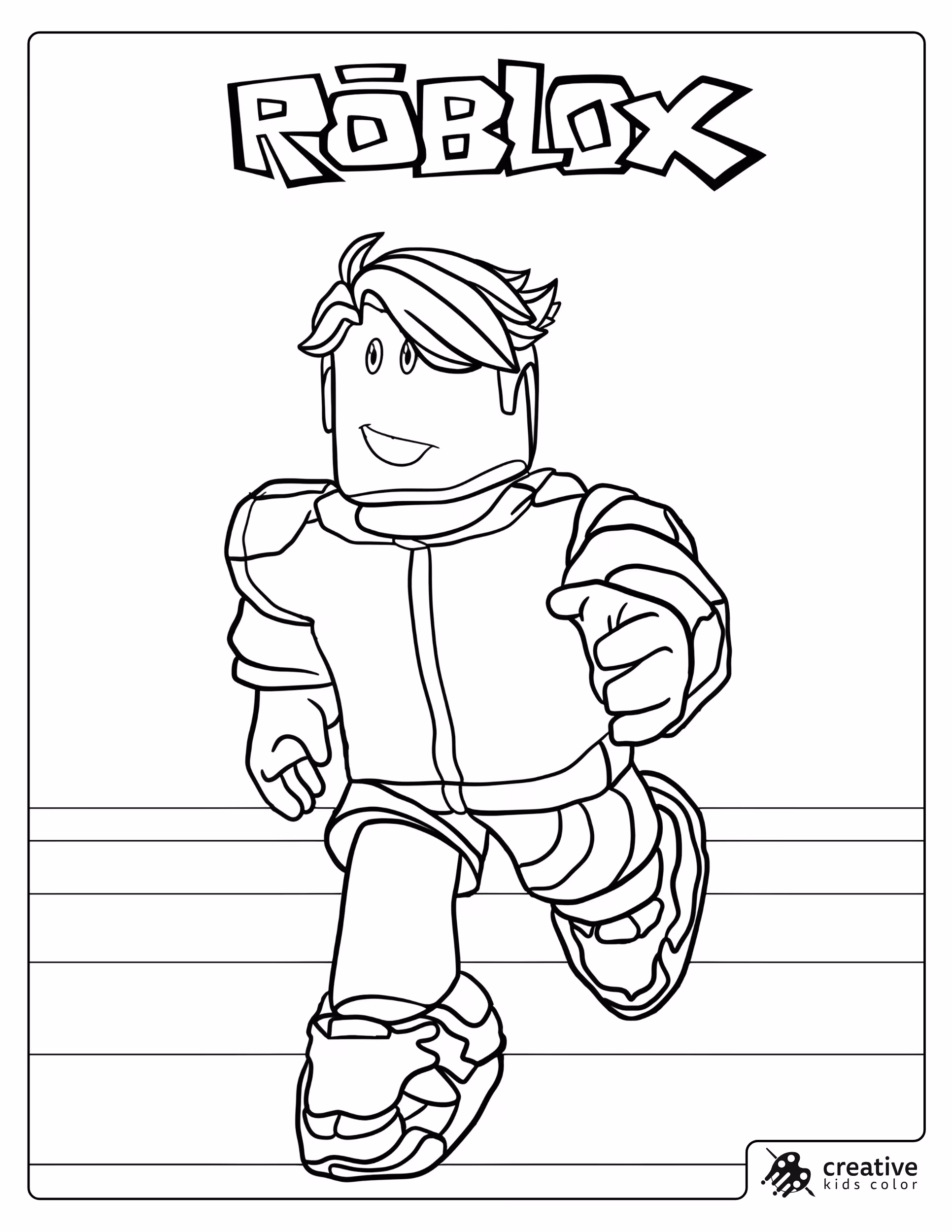 Roblox Runner Avatar Coloring Page With Blocky Character Running Forward With One Knee Up And One Hand Back.
