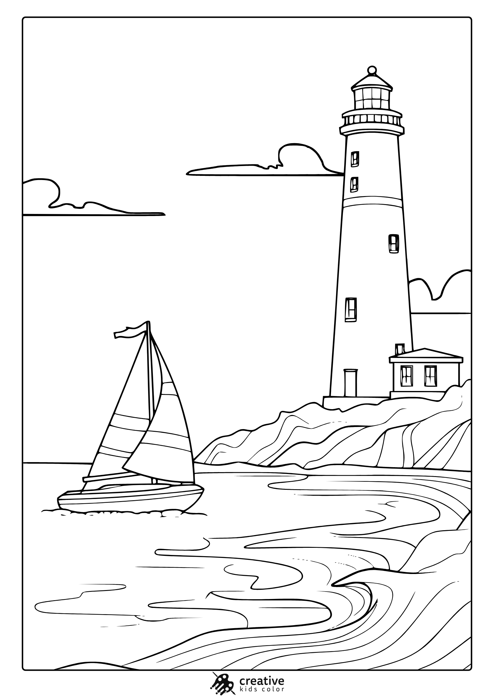 A Sailboat Near A Lighthouse On A Sunny Coast Sets The Scene In This Sailing Boat Trip Coloring Page.