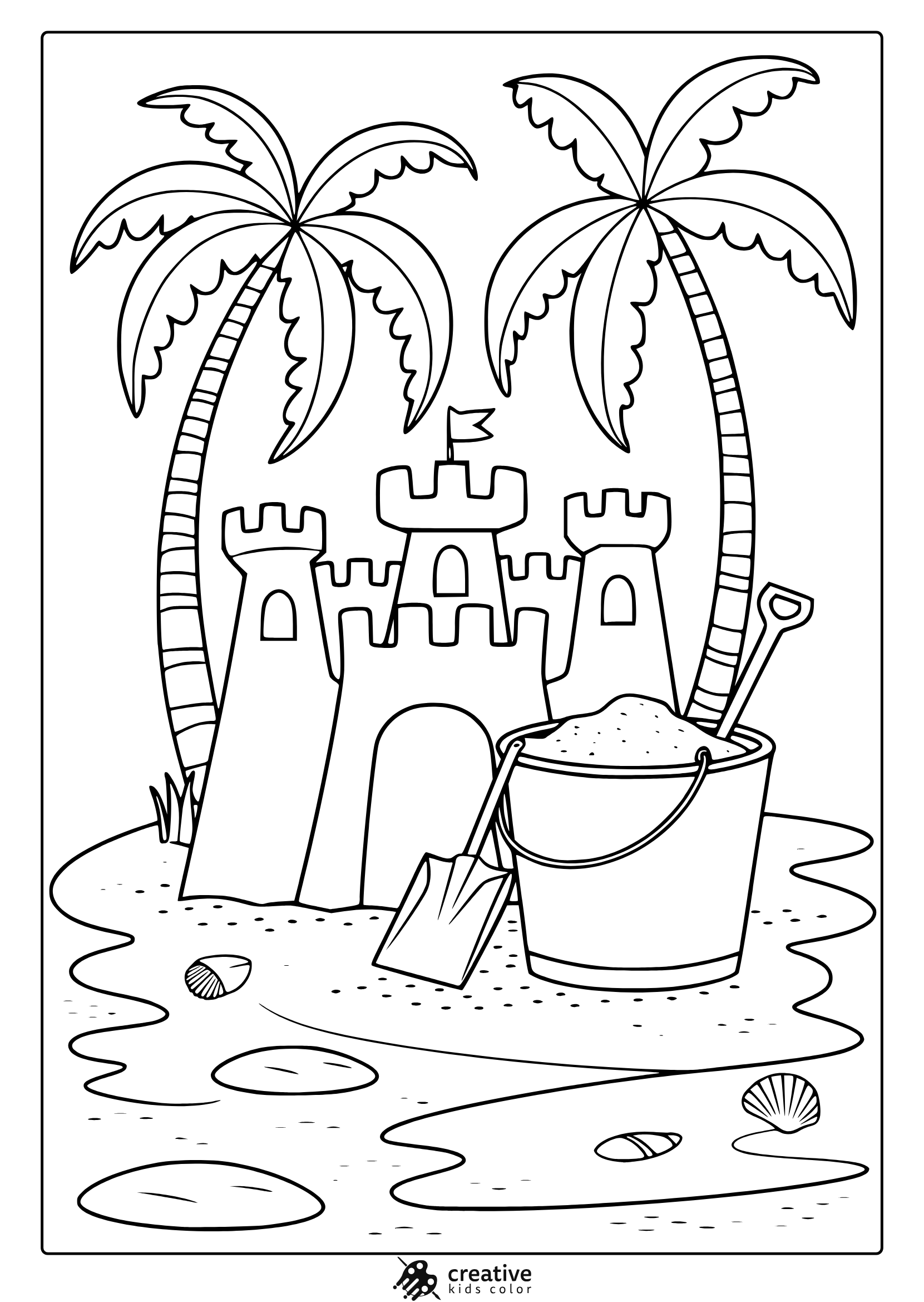 A Sand Castle With Palm Trees, Seashells, And A Bucket Features In This Calm Beach-Themed Coloring Page.