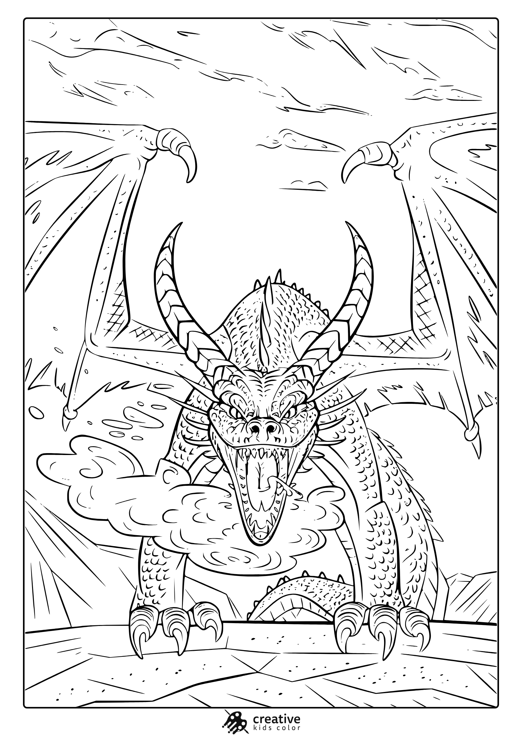 A Scary Realistic Dragon Coloring Page Showcasing A Fire-Breathing Dragon With Sharp Claws And Intense Eyes.