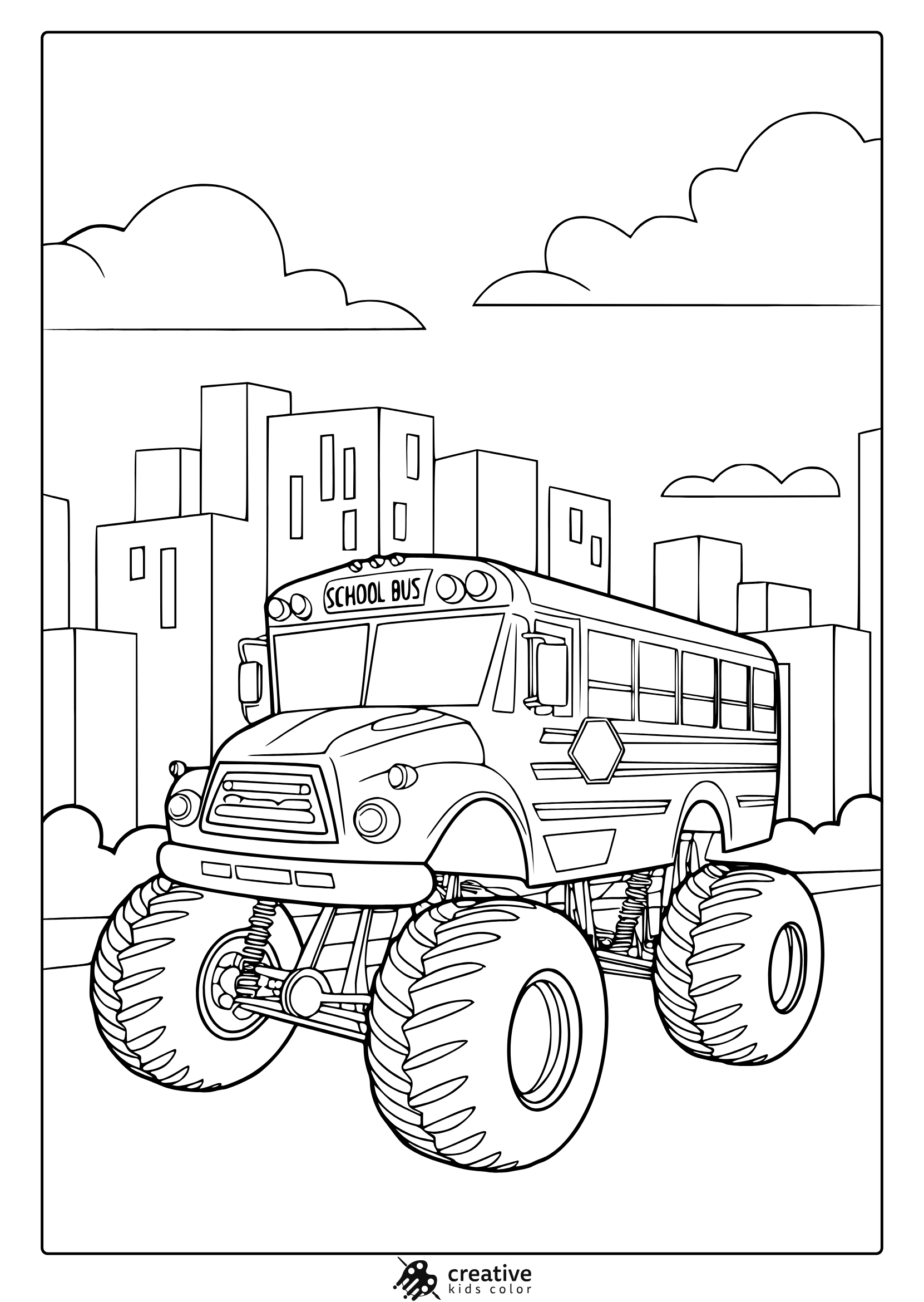 Monster Truck School Bus In A City With Tall Buildings And Clouds, Fun And Unique Urban Coloring Page.