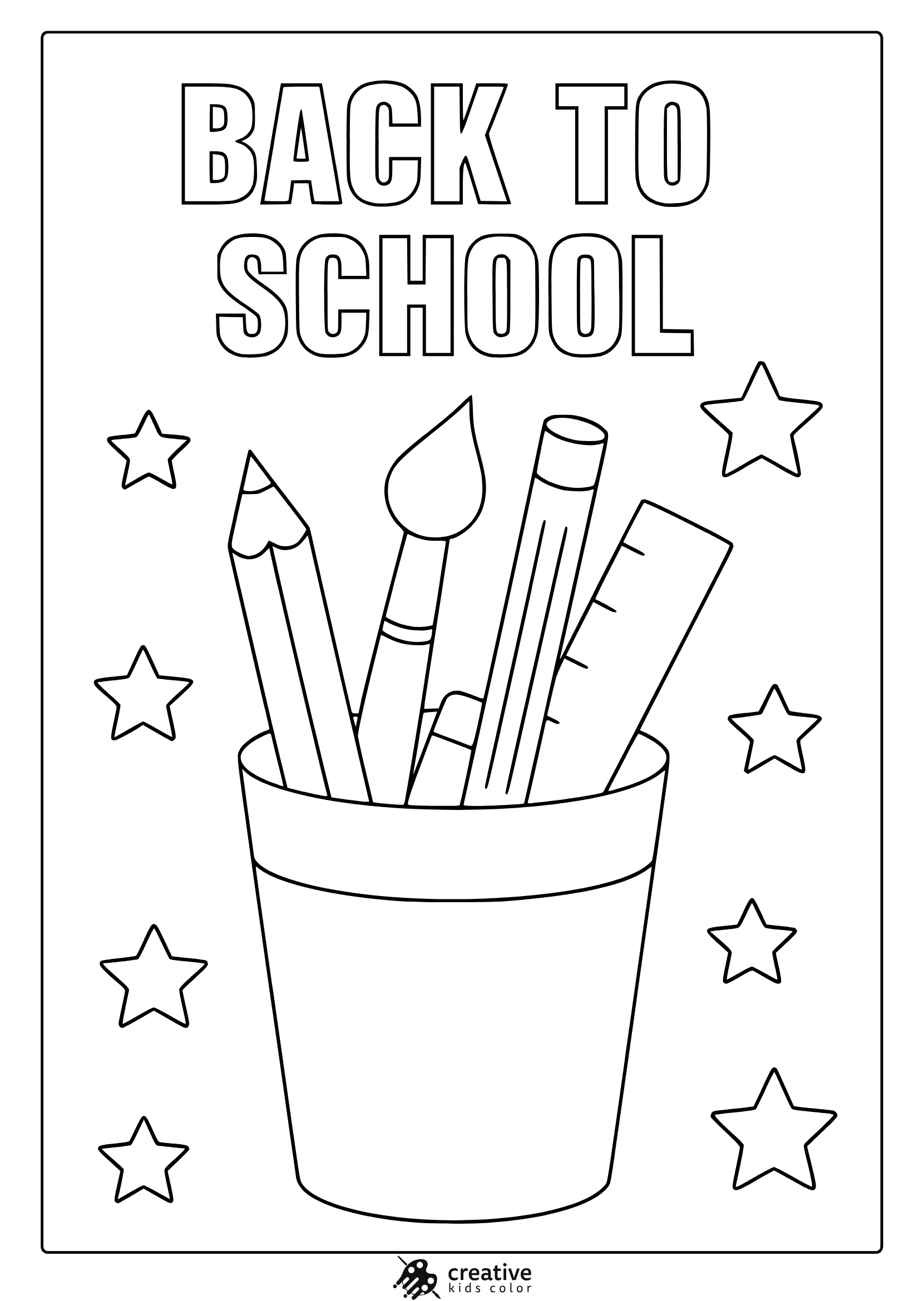 Coloring Page Showing Pencils, Paintbrush, And Ruler In A Cup Under “Back To School” Text.