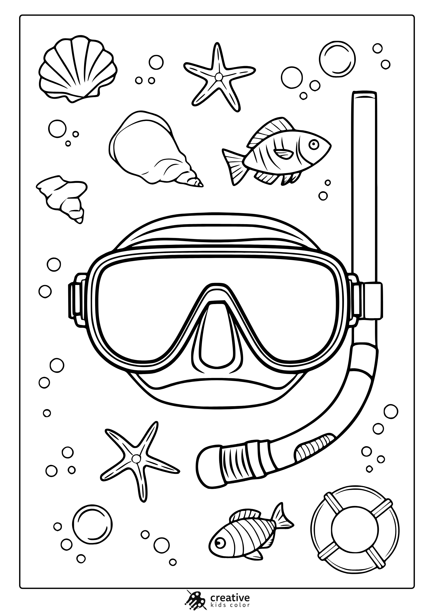 Snorkel Gear, Sea Creatures, And Beach Items Fill This Underwater-Inspired Sea Elements Coloring Page.