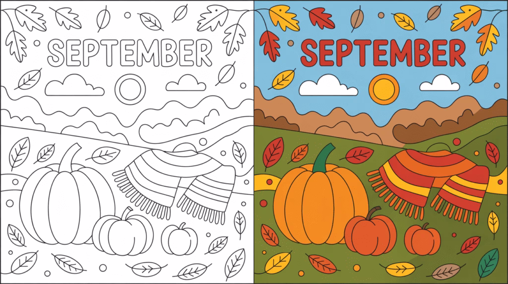 September Coloring Page Cover, Left Side Black And White, Right Side Colored In A Fun, Nature-Filled Scene.