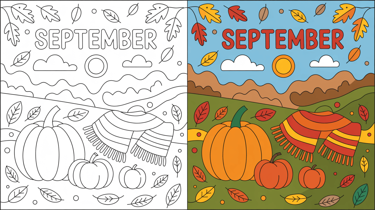 September Coloring Page Cover, Left Side Black And White, Right Side Colored In A Fun, Nature-Filled Scene.