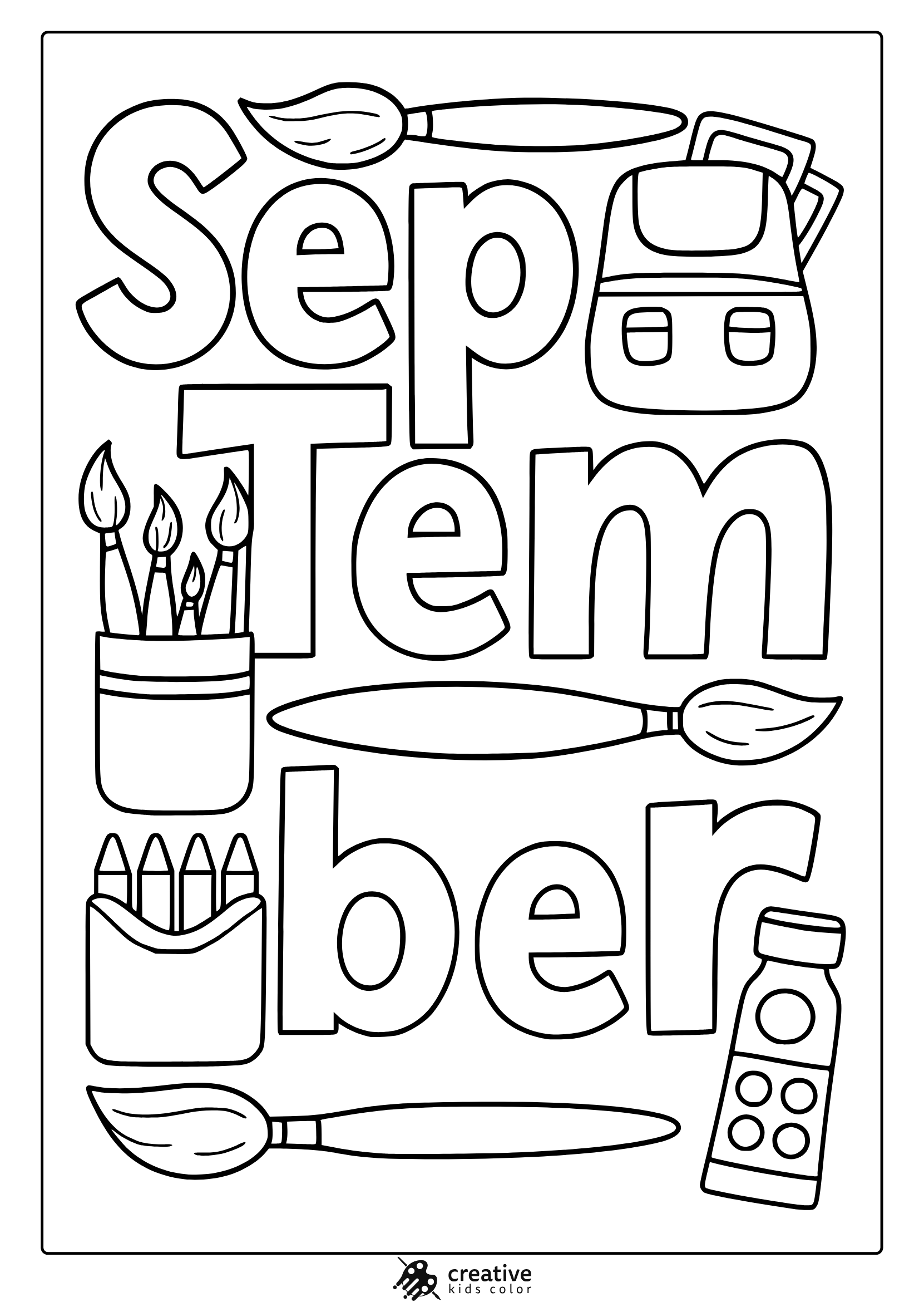 September Colors Coloring Page With Paintbrushes, Crayons, Backpack, And Paint Bottle In Black And White.