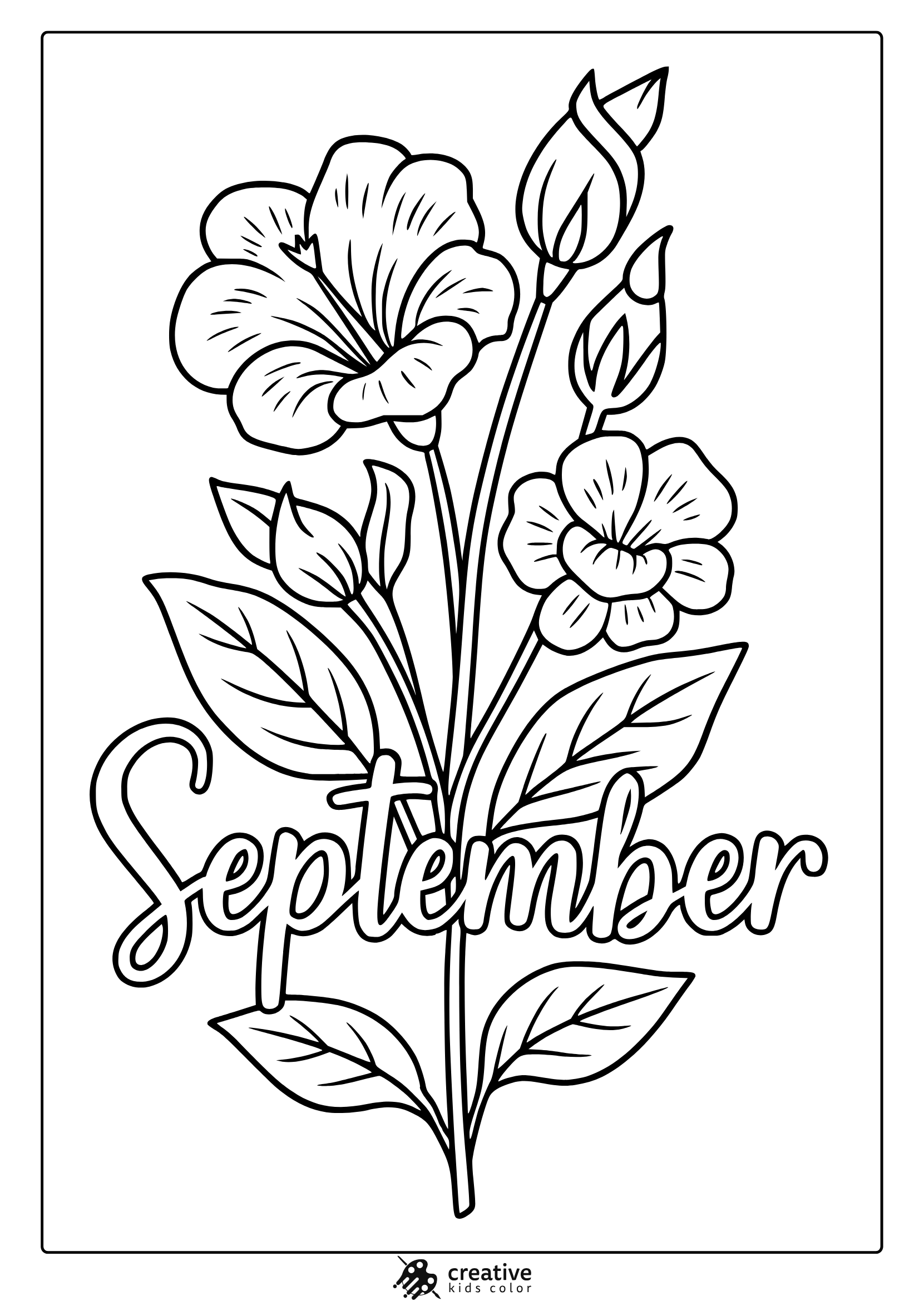September Flowers Coloring Page With Blooming Flowers, Buds, And Leaves In Decorative Line Art Style.