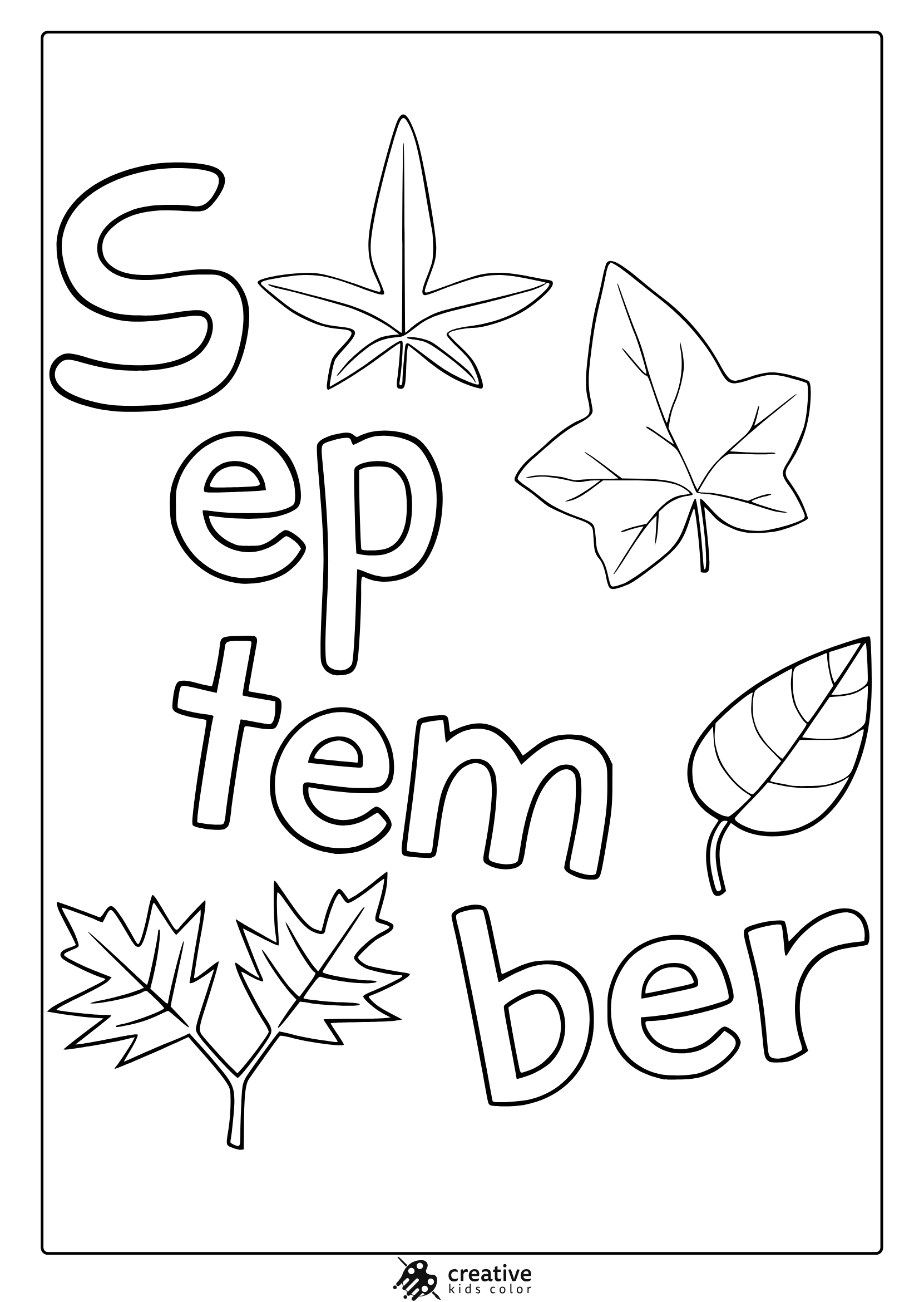 September Leaves Coloring Page With Handwritten Text And Scattered Maple Leaves In Simple Line Art.