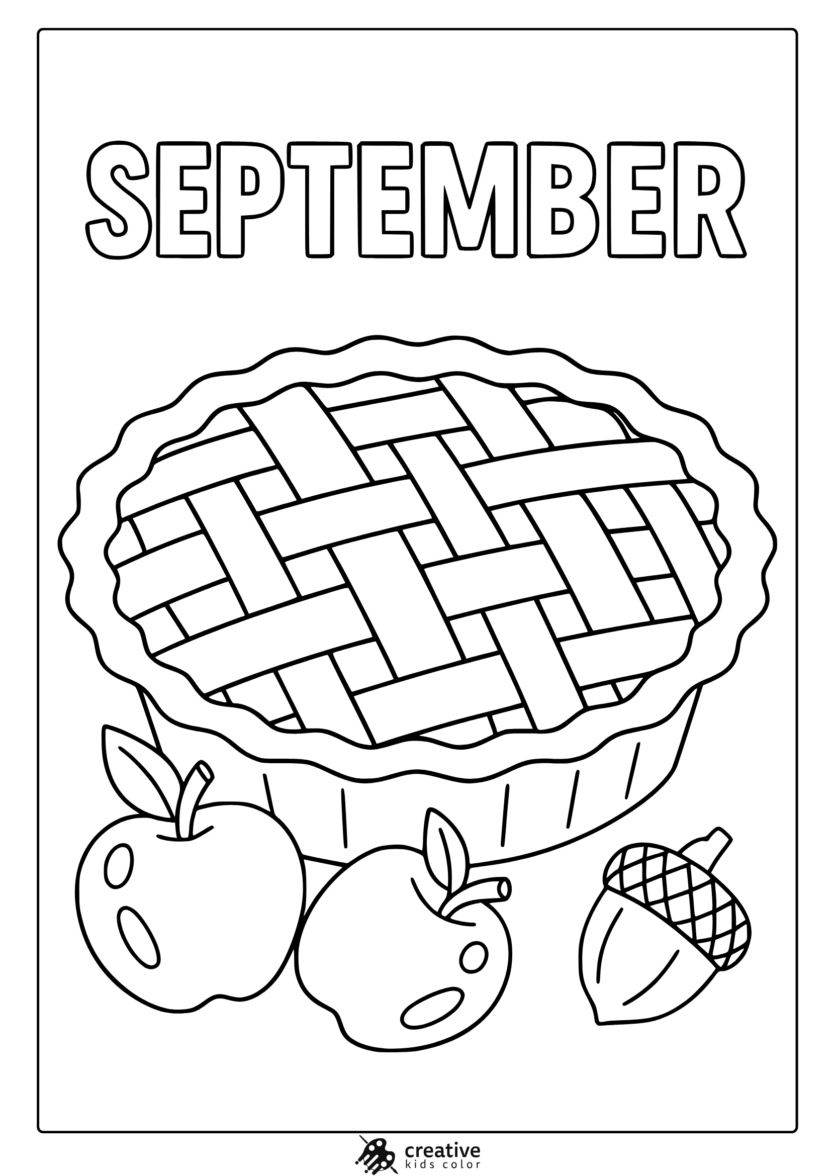 September Pie Coloring Page With Lattice Pie, Cartoon Apples, And Acorn In Black And White Line Art.