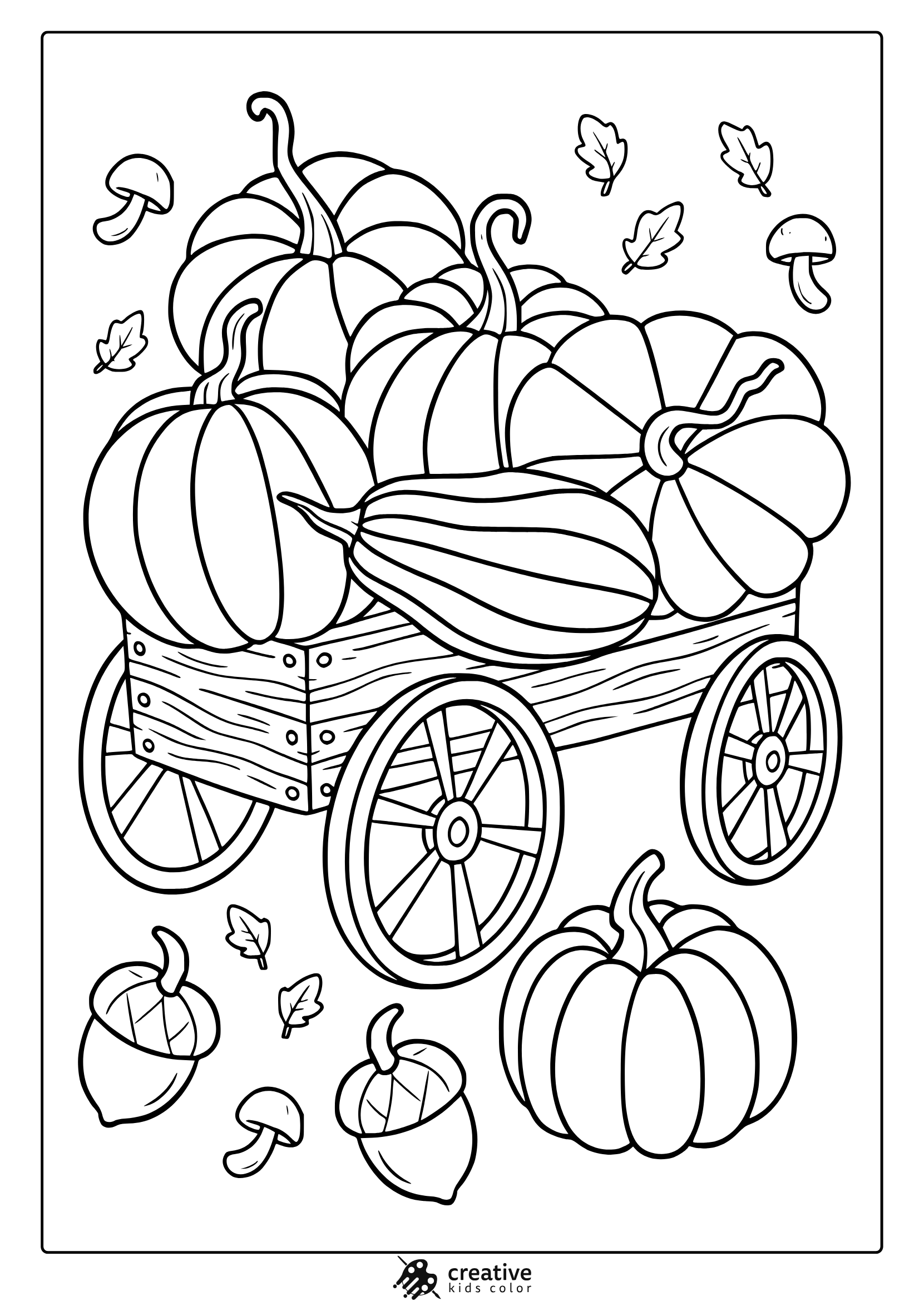 September Pumpkins In Wagon Coloring Page With Autumn Leaves And Mushrooms In Black And White Line Art.