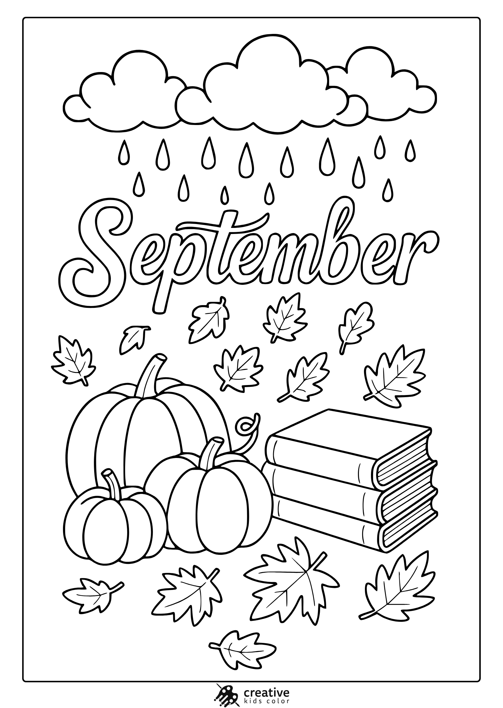 September Rain Coloring Page With Pumpkins, Books, Maple Leaves, And Raindrops In Clean Line Art.