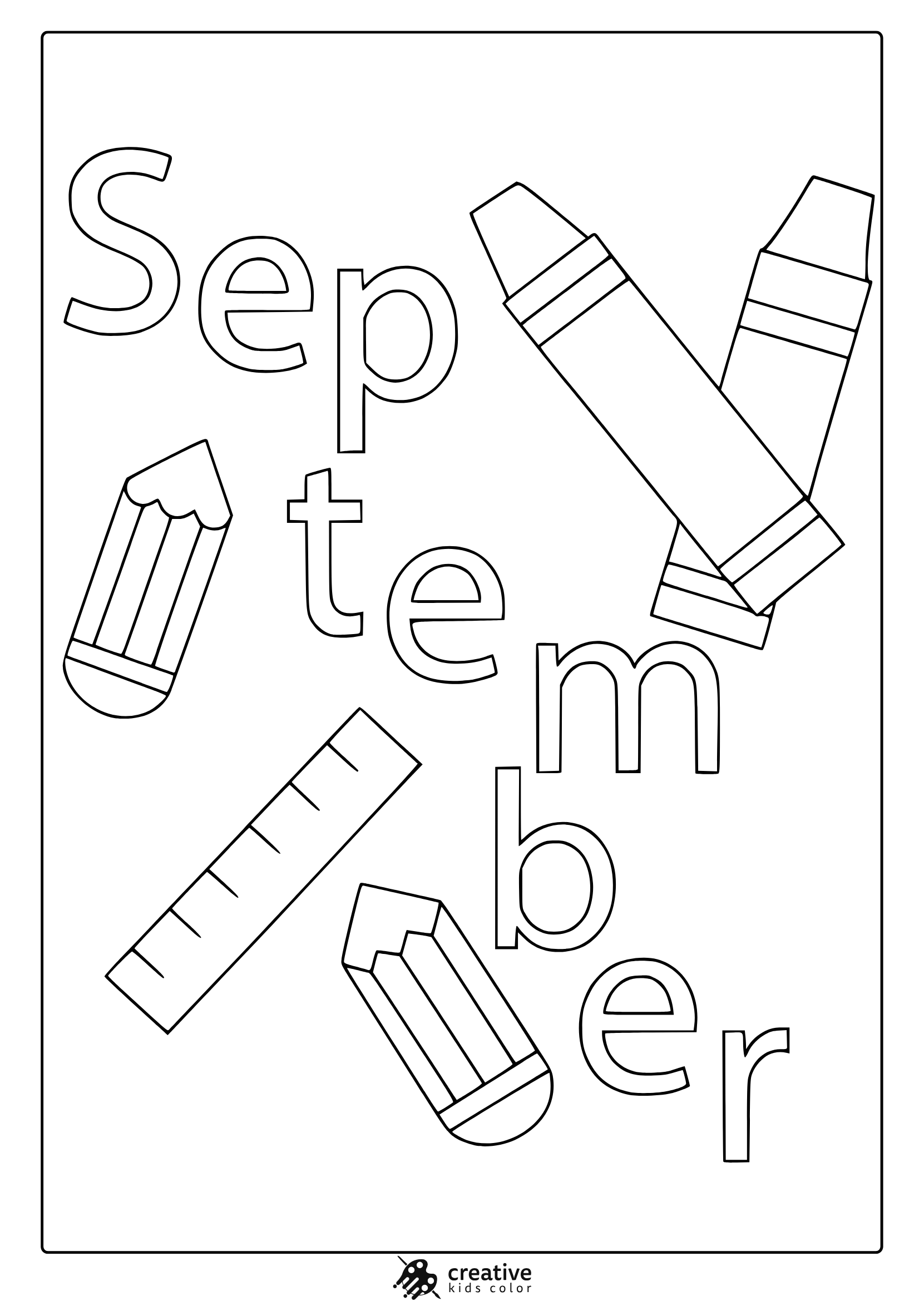 September School Equipments Coloring Page With Crayon, Pencil, And Ruler In Clean Line Art Style.