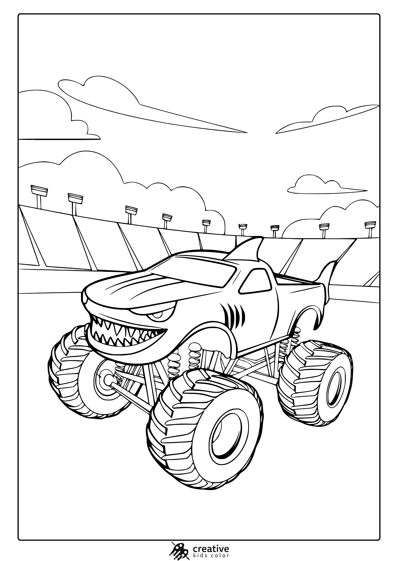Shark Monster Truck With Sharp Teeth Racing On A Stadium Track, Exciting And Bold Coloring Page Design.