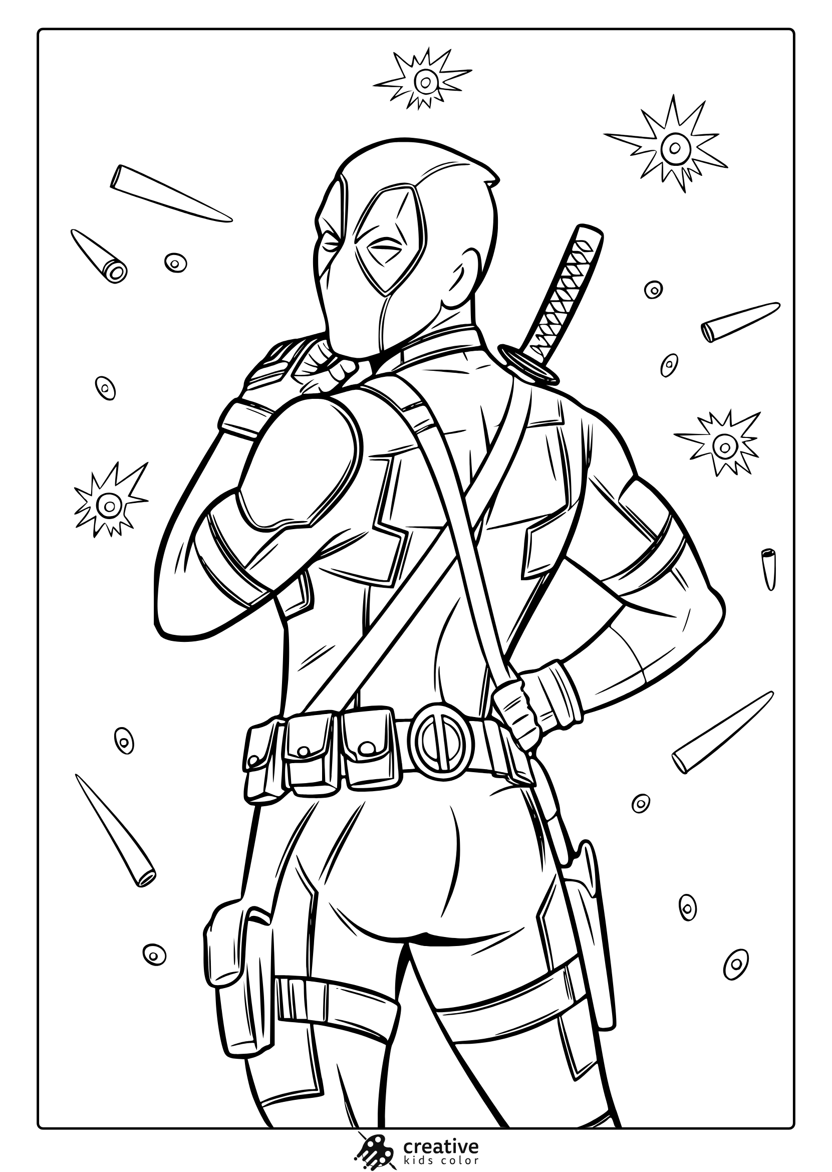Shocked Deadpool Coloring Page Featuring The Superhero In An Action-Packed Environment, Ideal For Dynamic Coloring Fun.