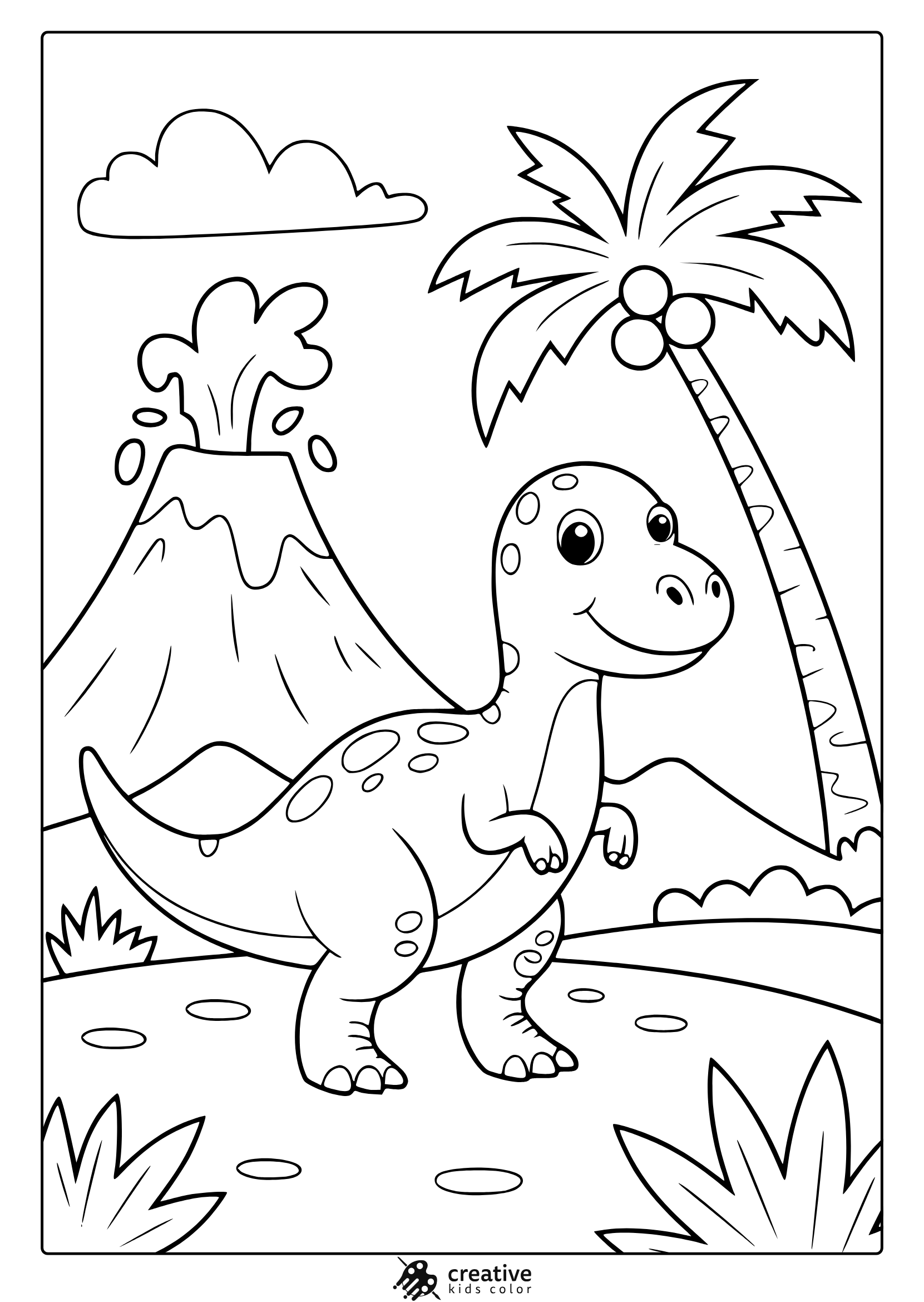A Smiling Cartoon Dinosaur Near A Volcano Appears In This Simple, Child-Friendly Dinosaur Coloring Page.
