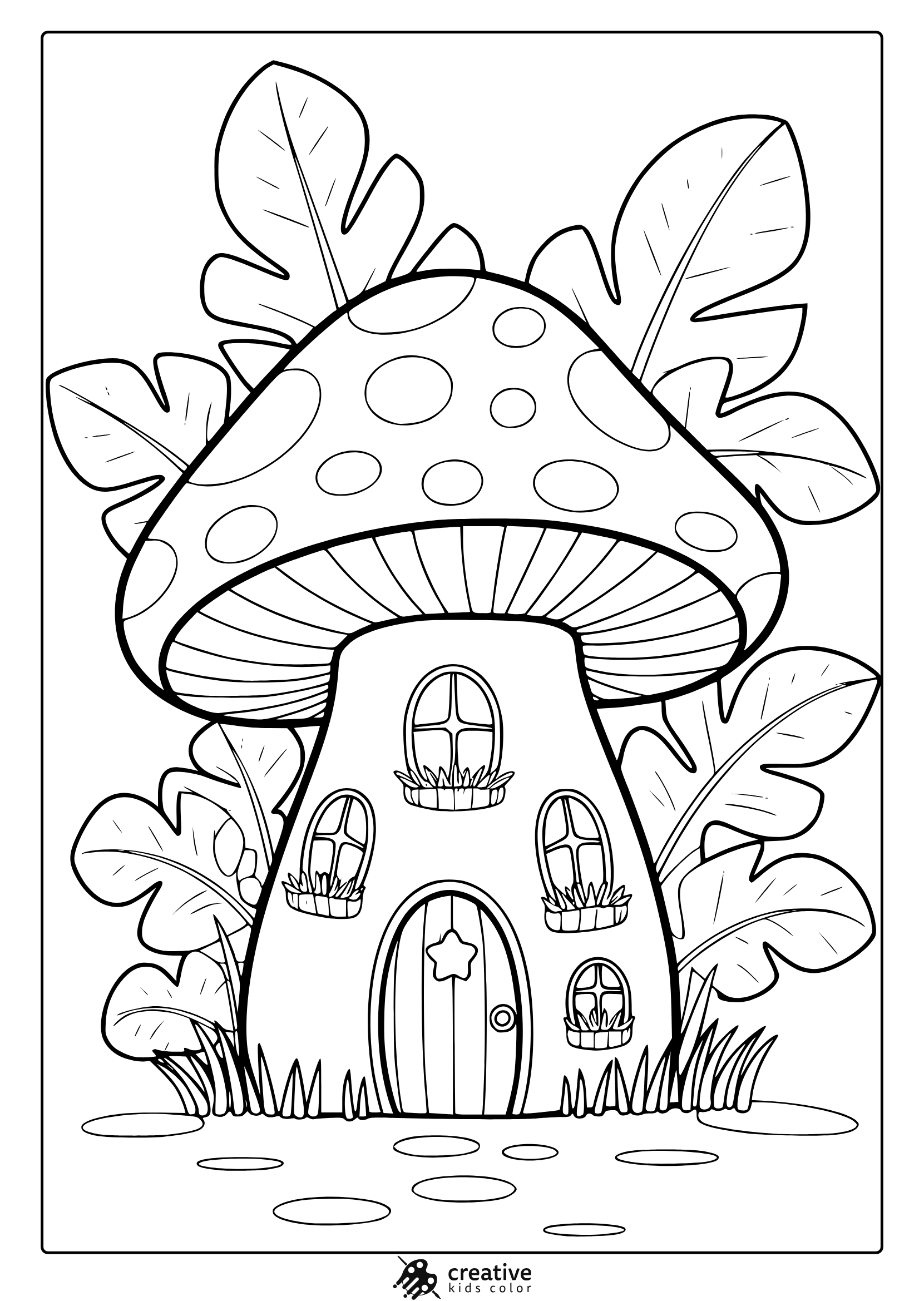 Simple mushroom house with spotted cap and leafy surroundings in a minimal, relaxing coloring page.