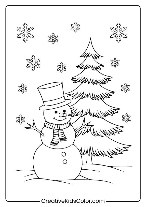 Simple Winter Coloring Page With A Snowman, A Snow-Covered Tree, And Falling Snowflakes For Easy Coloring.