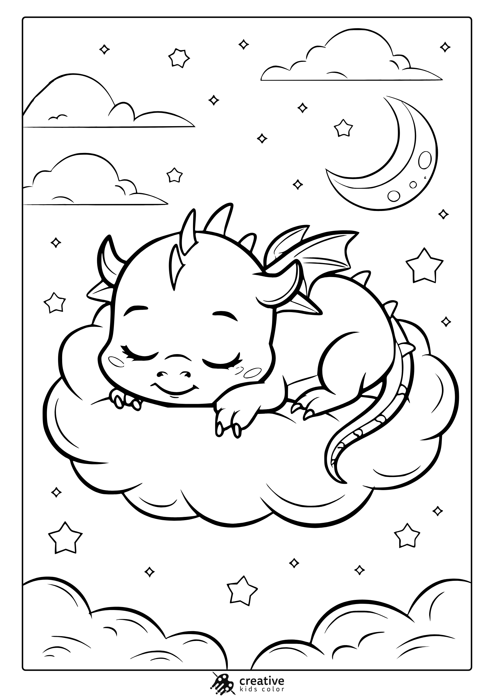 A Baby Dragon Coloring Page Featuring A Sleeping Dragon Surrounded By Stars And A Crescent Moon.