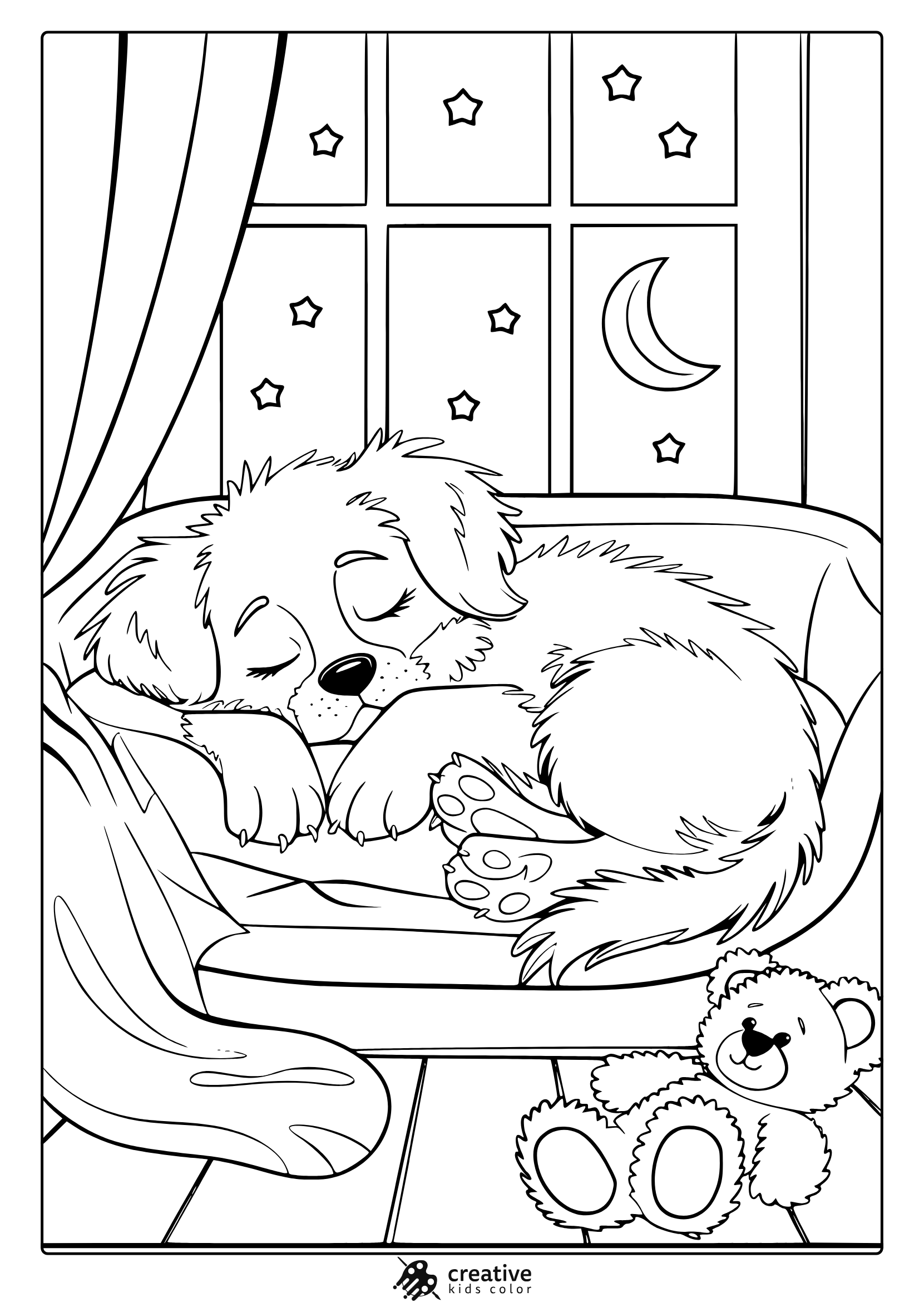 A Sleeping Puppy With A Teddy Bear Under The Night Sky. A Relaxing Sleeping Puppy Coloring Page To Enjoy.