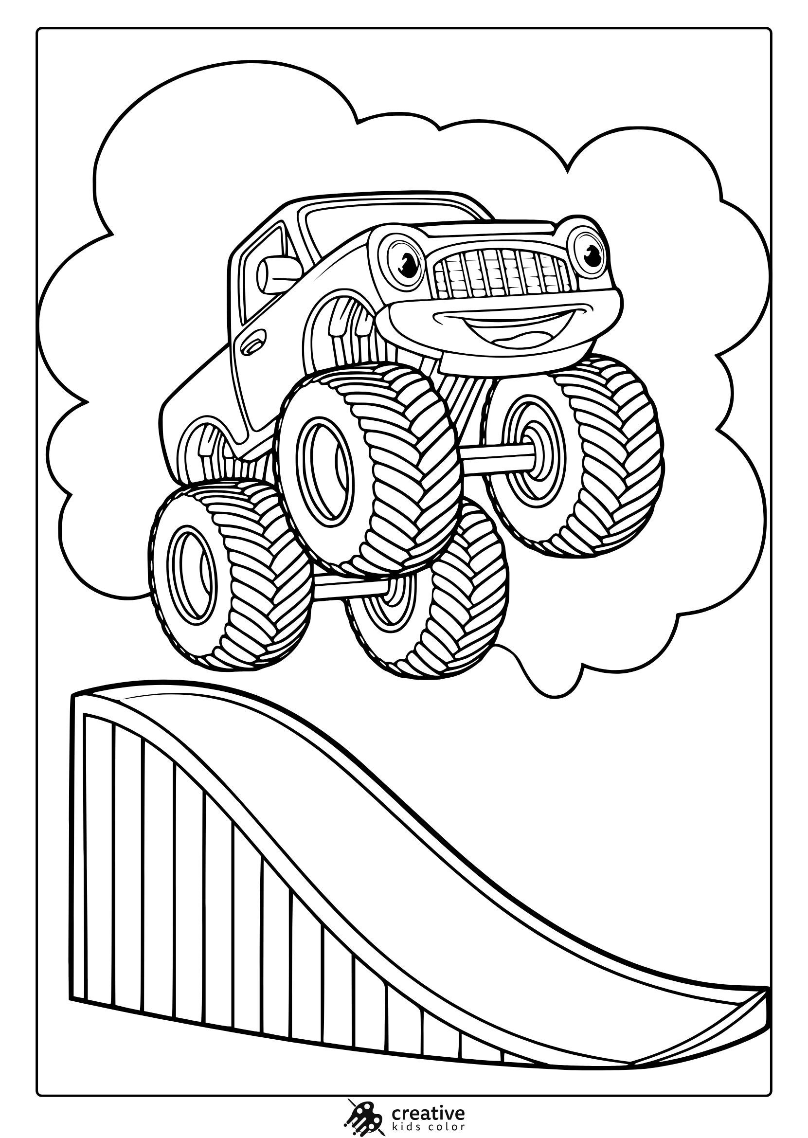 Smiling Monster Truck Jumping Off A Ramp With Clouds Behind, Fun And Playful Coloring Page For Kids.