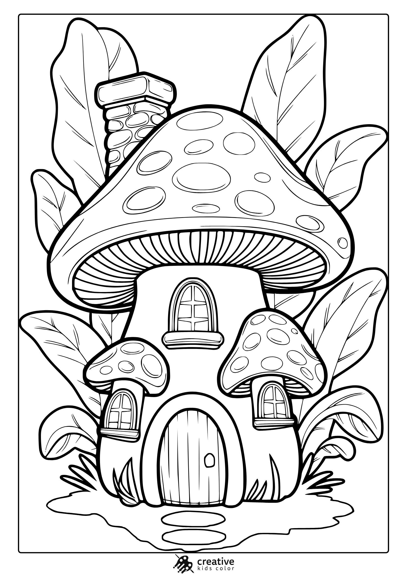 Smurfs-Inspired Mushroom House With Chimney And Leafy Background In This Playful Coloring Page.