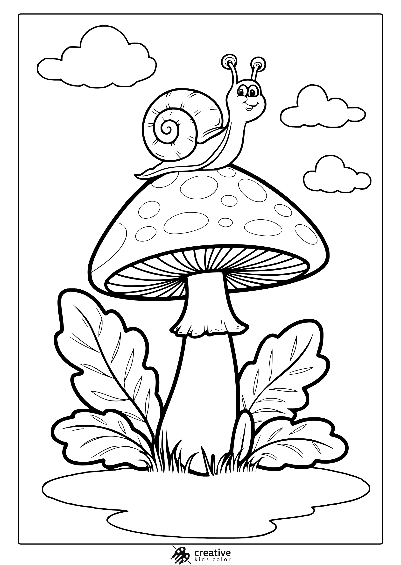 Cute Snail Resting On A Mushroom With Clouds And Leaves Featured In This Whimsical Coloring Page.