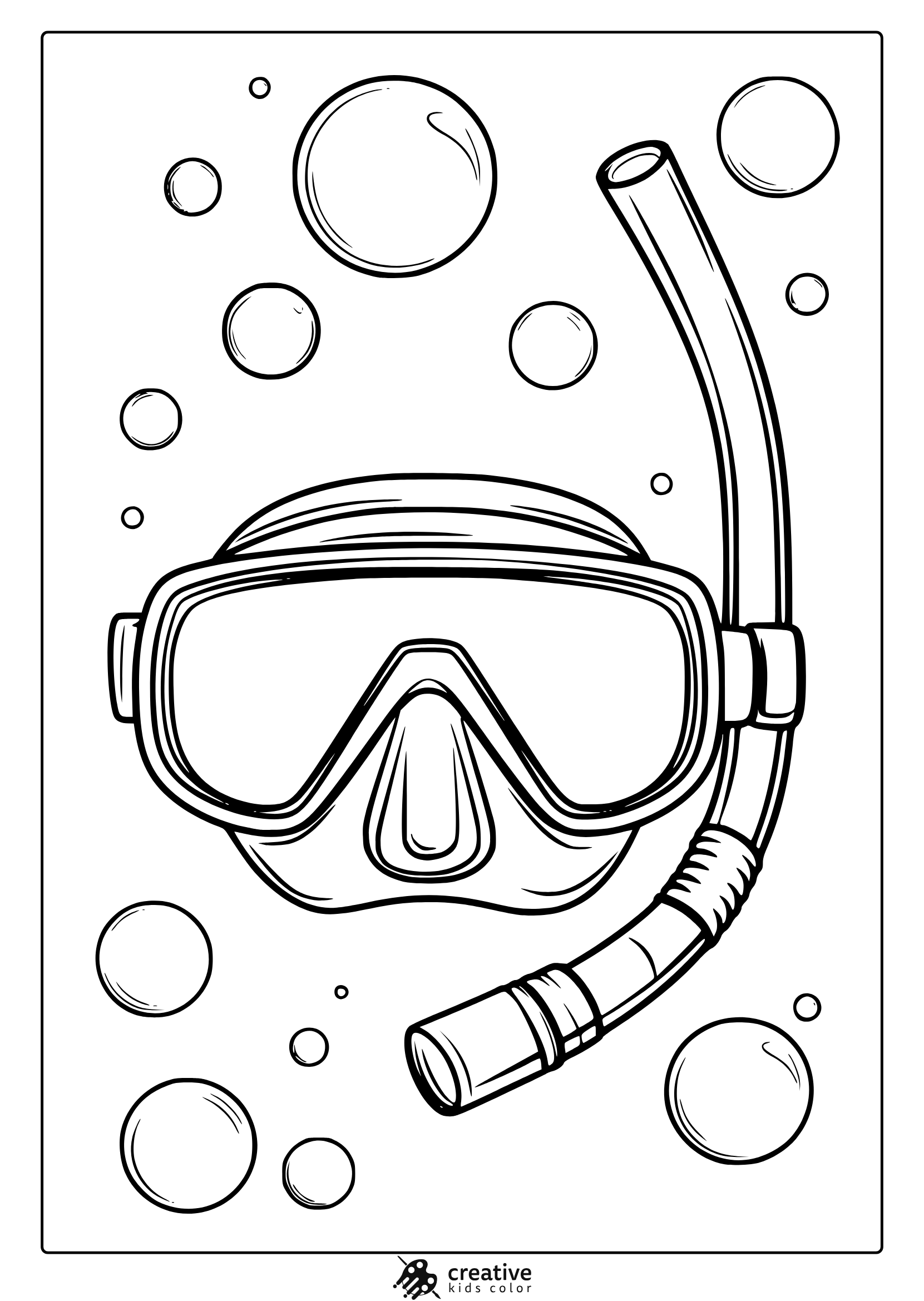 A Snorkeling Mask With A Coiled Tube And Bubbles Is Shown In This Detailed Snorkeling Gear Coloring Page.