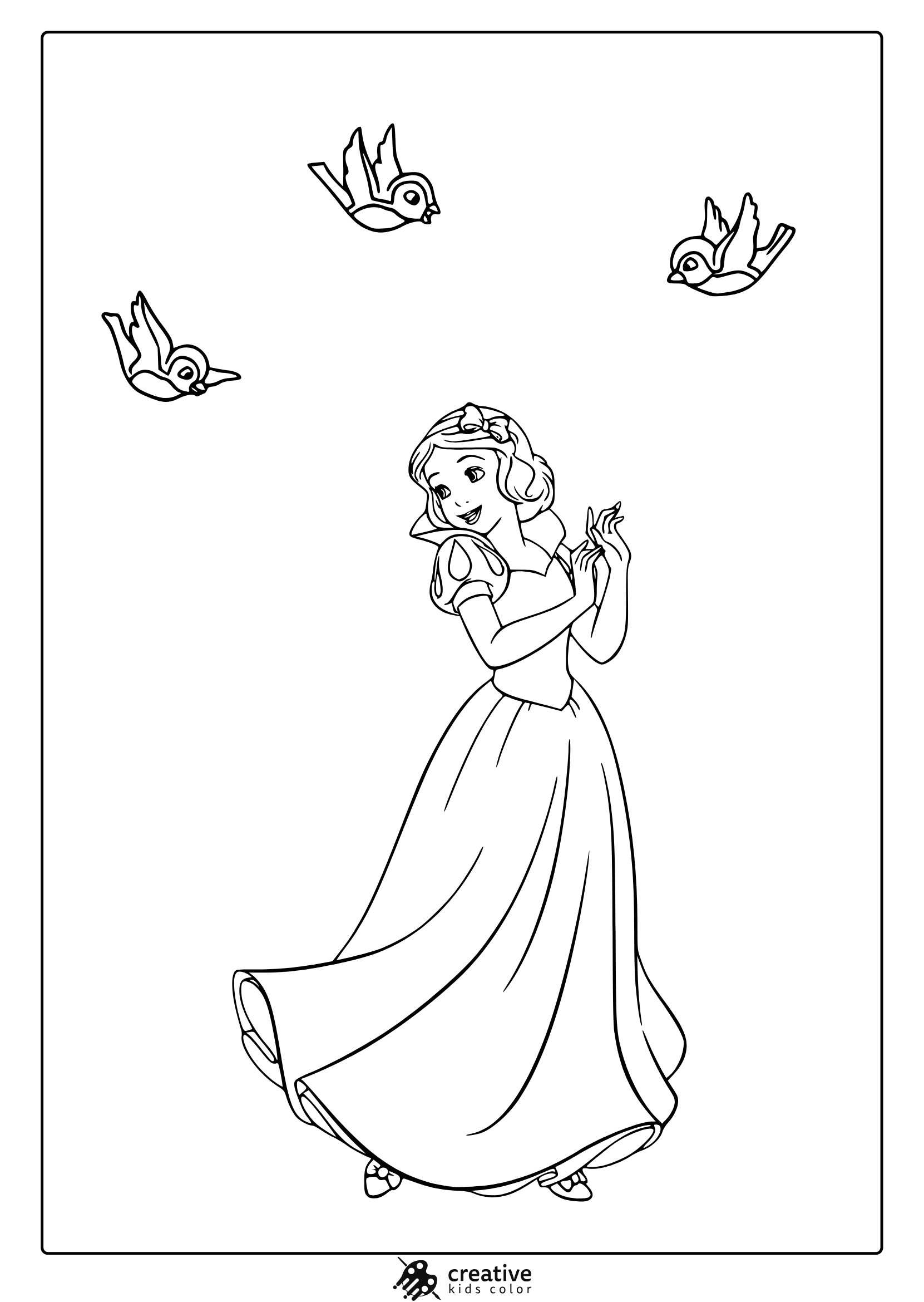 Coloring Page Of Snow White In A Full Dress With Birds Flying Above, Ready For Color.