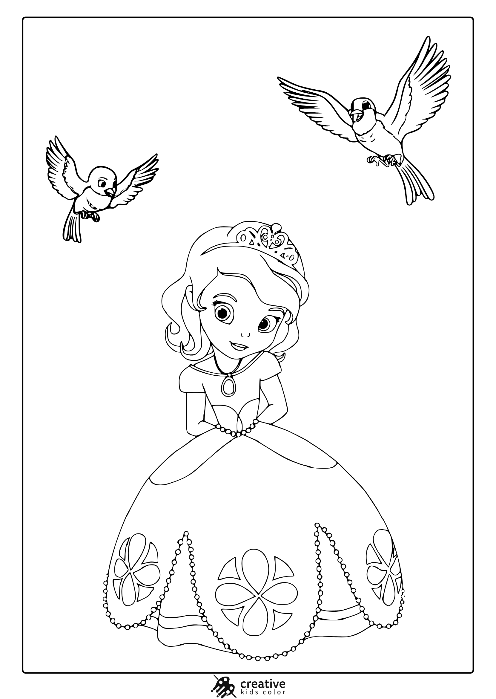 Coloring Page Of Sofia The First With A Tiara And Birds In The Background, Wearing A Floral Dress.